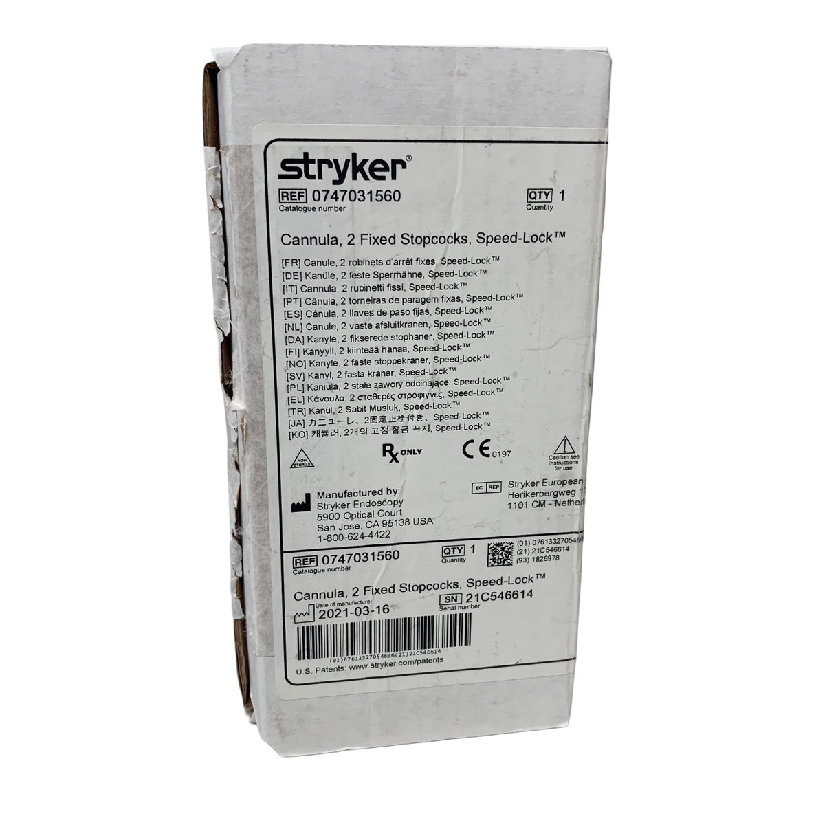 STRYKER 0747031560 Speed Lock Cannula 2 Fixed Stopcocks Arthroscopy 5.8mm