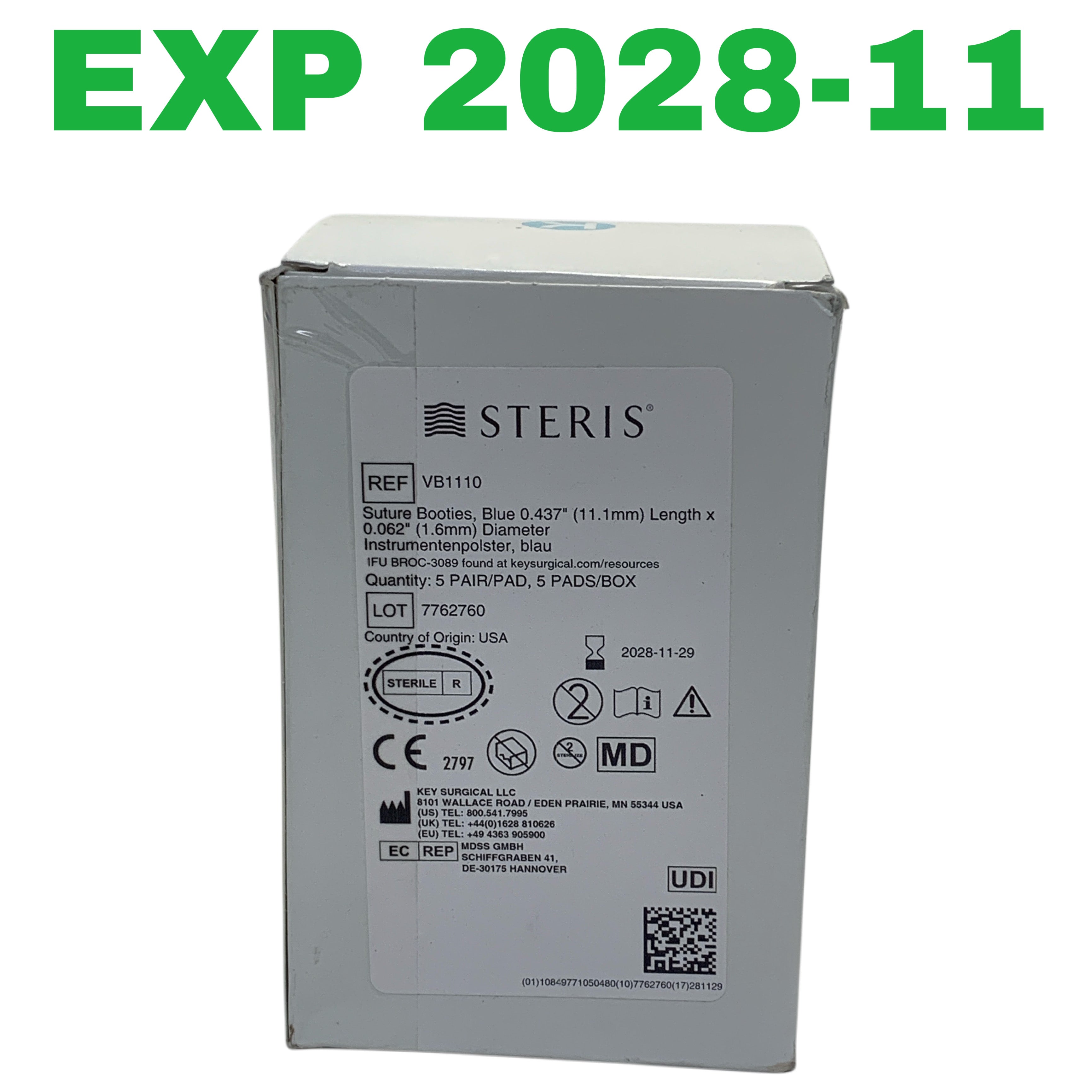 KEY SURGICAL STERIS REF VB1110 Suture Booties Blue 0.437" Length x 0.062" Diameter Box of 5 Pairs, Exp.2028/11