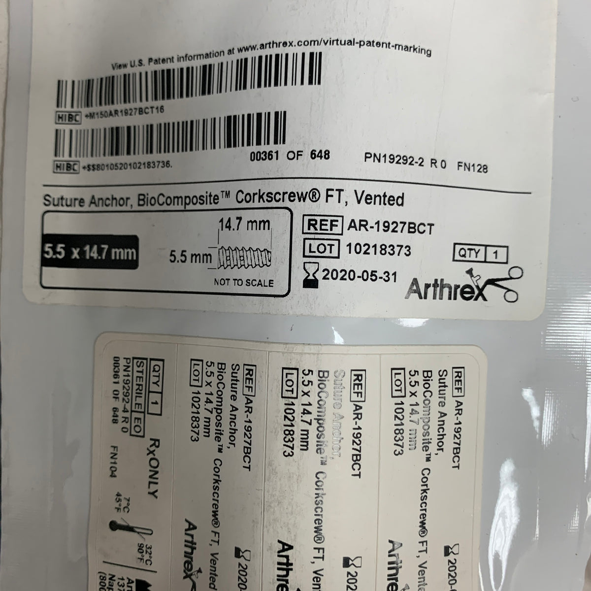 ARTHREX AR-1927BCT BioComposite Corkscrew FT Vented Suture Anchor 5.5 x 14.7mm, EXP 2020-05