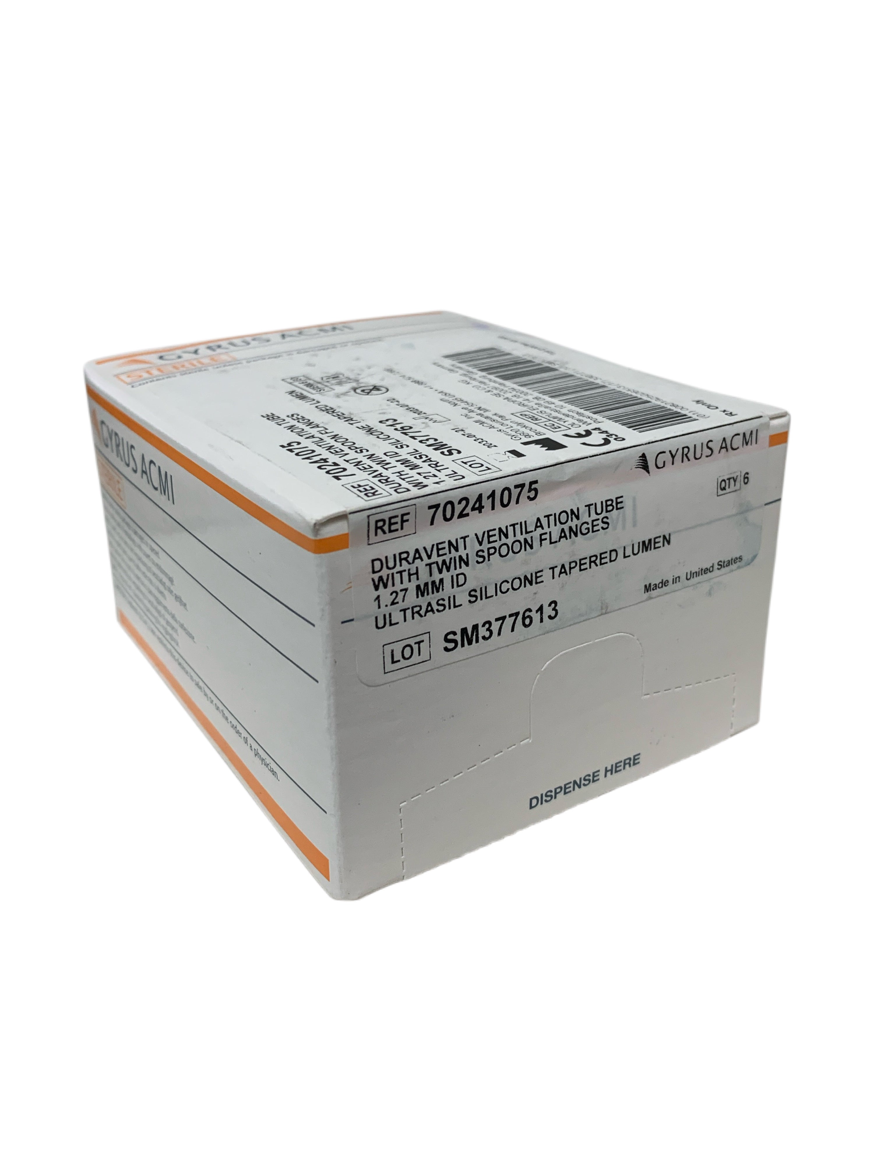 GYRUS ACMI REF 70241075 Duravent Ventilation Tube With Twin Spoon Flanges 1.27mm ID Box of 6, Exp.2033/07