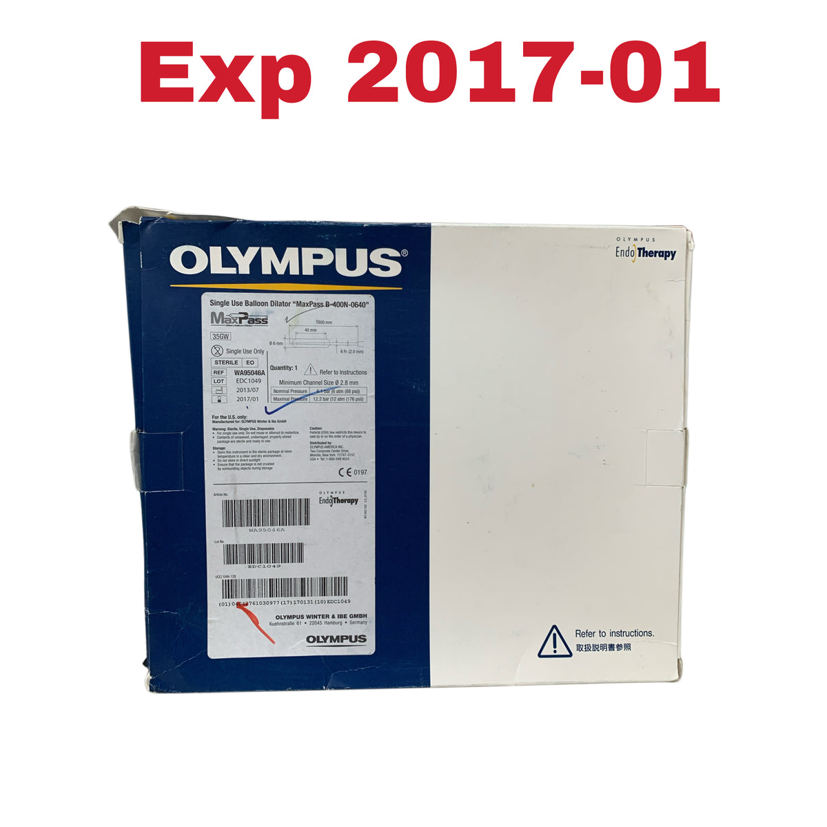OLYMPUS WA95046A MaxPass Single Use Biliary Balloon Dilator 6mm 40mm 1800mm Minimum Channel Size 2.8mm Exp 2017 01