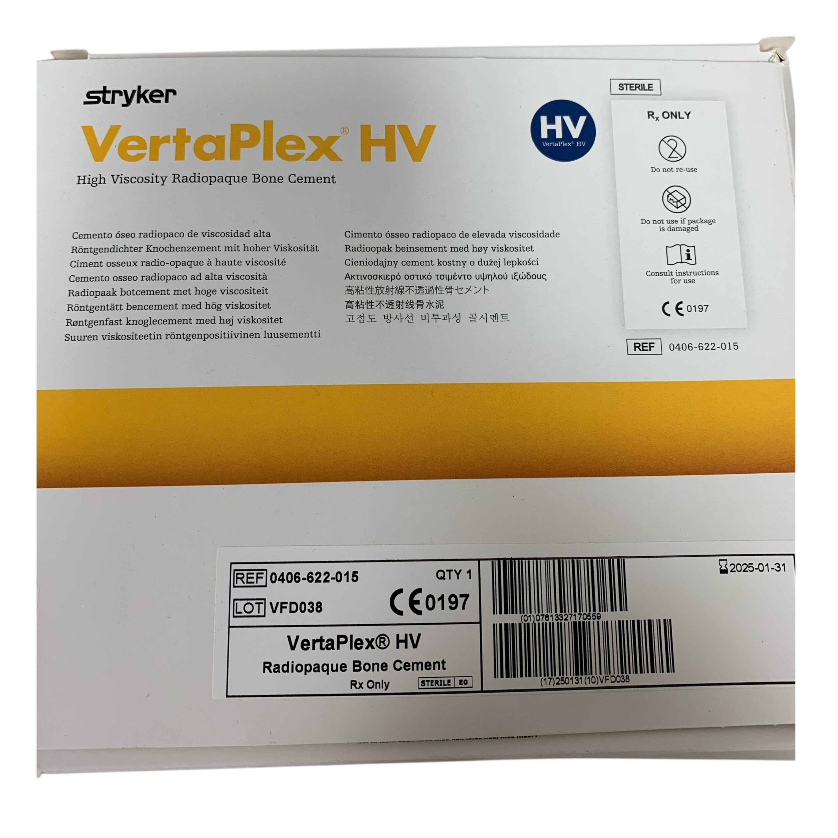 STRYKER REF 0406-622-015 VertaPlex HV High Viscosity Radiopaque Bone Cement, Exp.2025/01