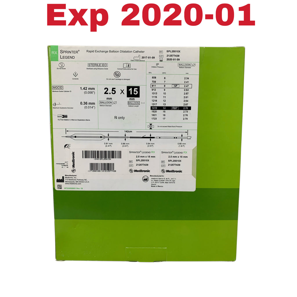 MEDTRONIC SPL25015X Sprinter Legend Rapid Exchange Balloon Dilatation Catheter 2.5 mm x 15 mm Exp 2020 01