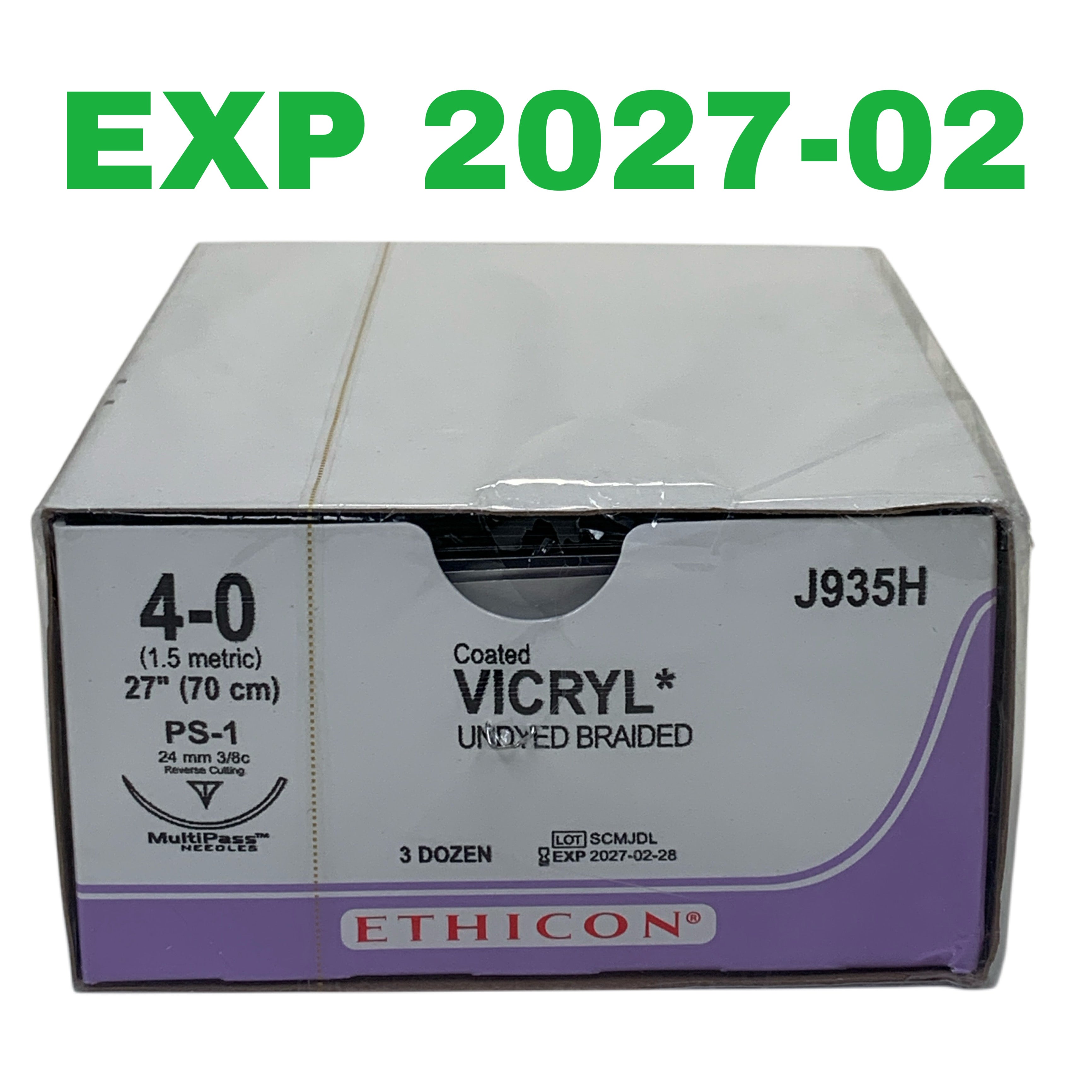 ETHICON REF J935H Coated VICRYL Undyed Braided Suture 4-0 PS-1 27" (70 cm), Box of 36, Exp.2027/02