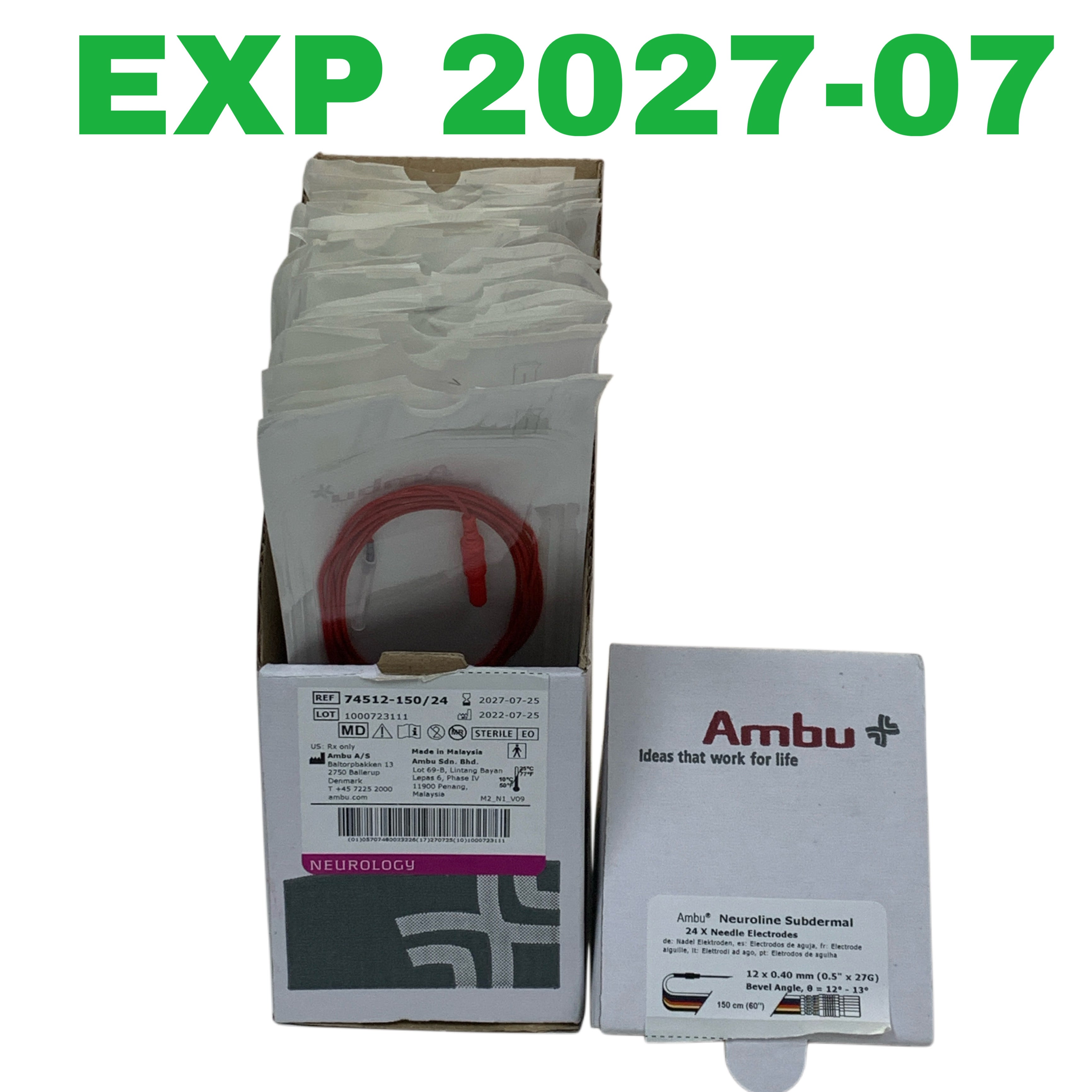 AMBU REF 74512-150/24 Neuroline Subdermal Needle Electrodes 27G 150cm Box of 24, Exp.2027/07