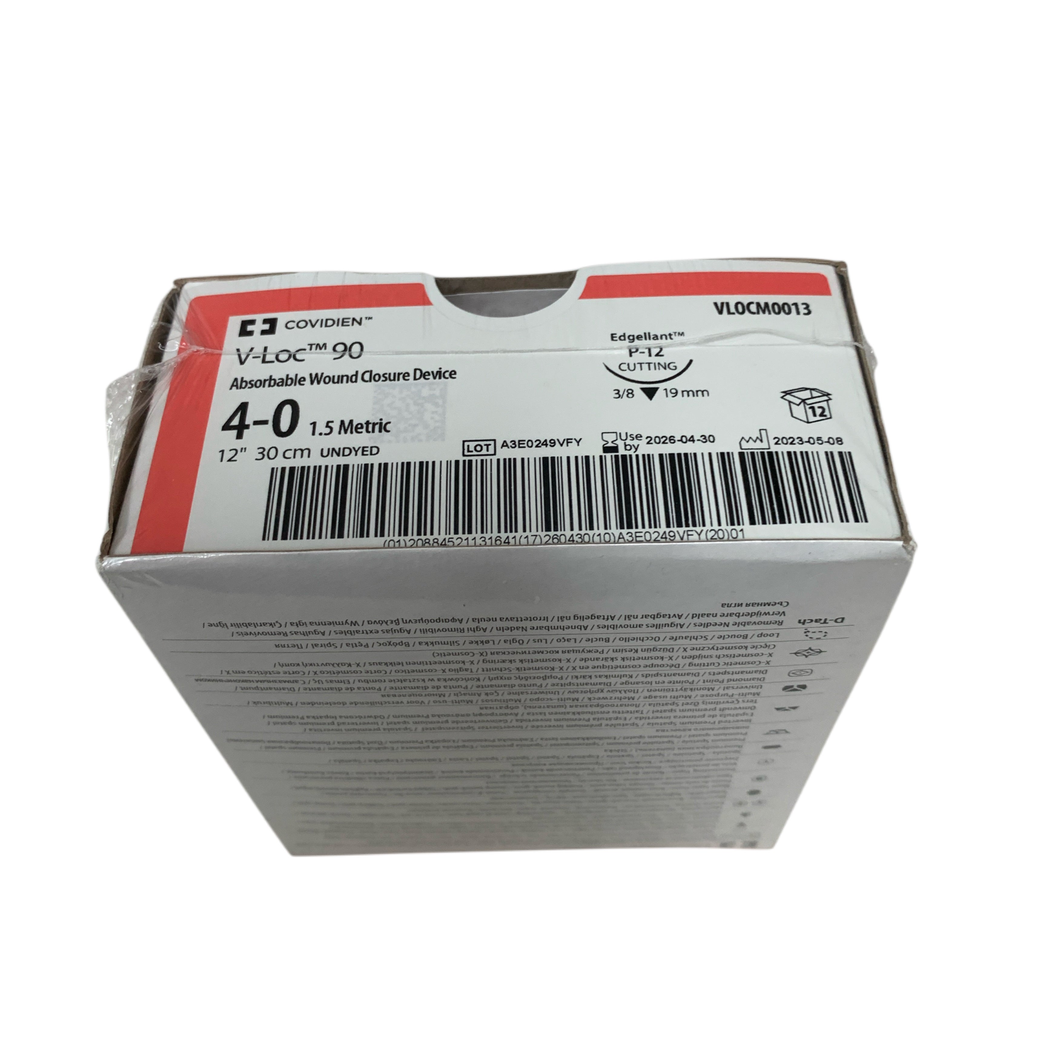 COVIDIEN REF VLOCM0013 V Loc 90 Absorbable Wound Closure Device 4-0 1.5 Metric 12" 30 cm Undyed P-12 Cutting Needle Box of 12 Exp 2026 04
