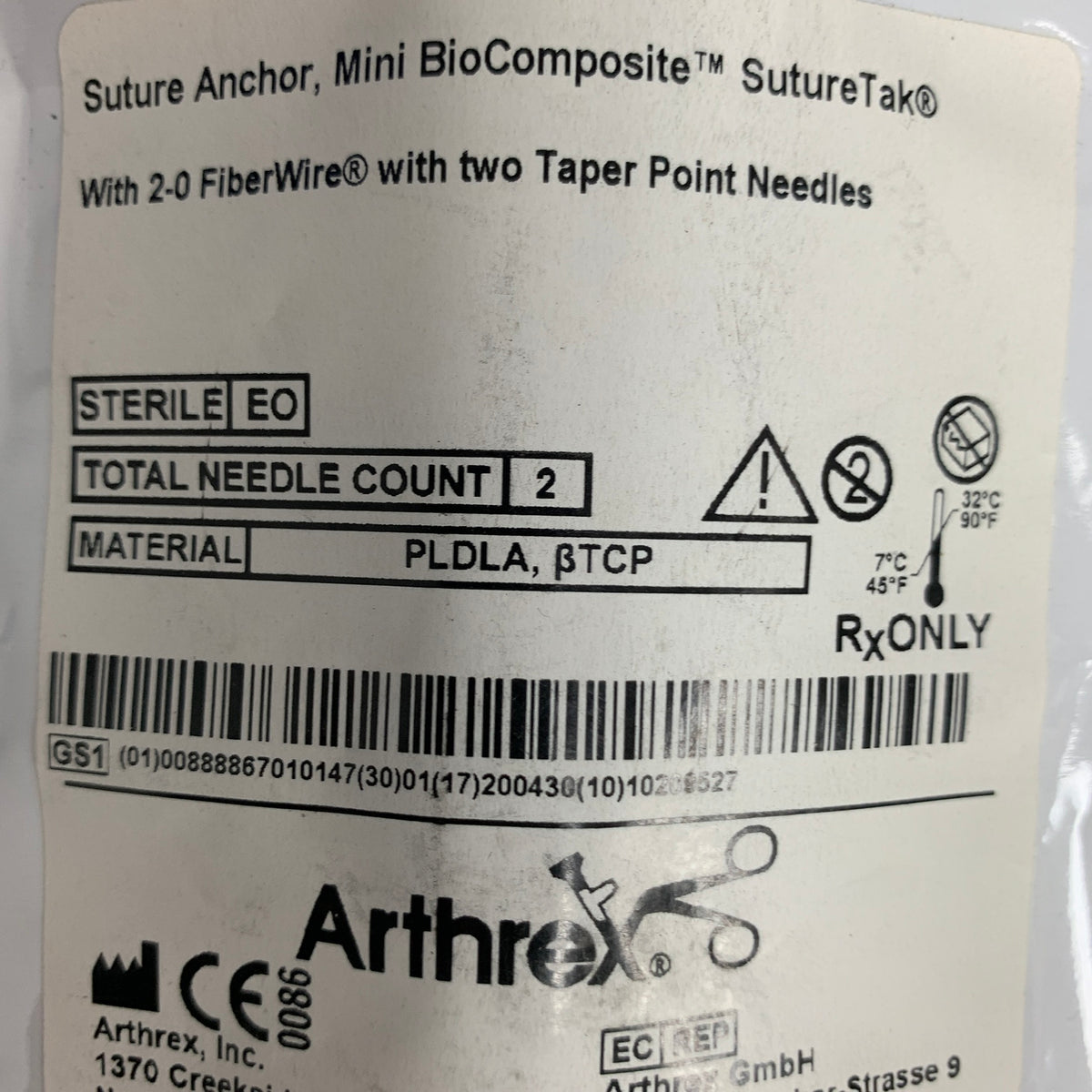 ARTHREX AR-1322BCNF Mini BioComposite SutureTak Suture Anchor 2.4 x 8.5mm, EXP 2020-04