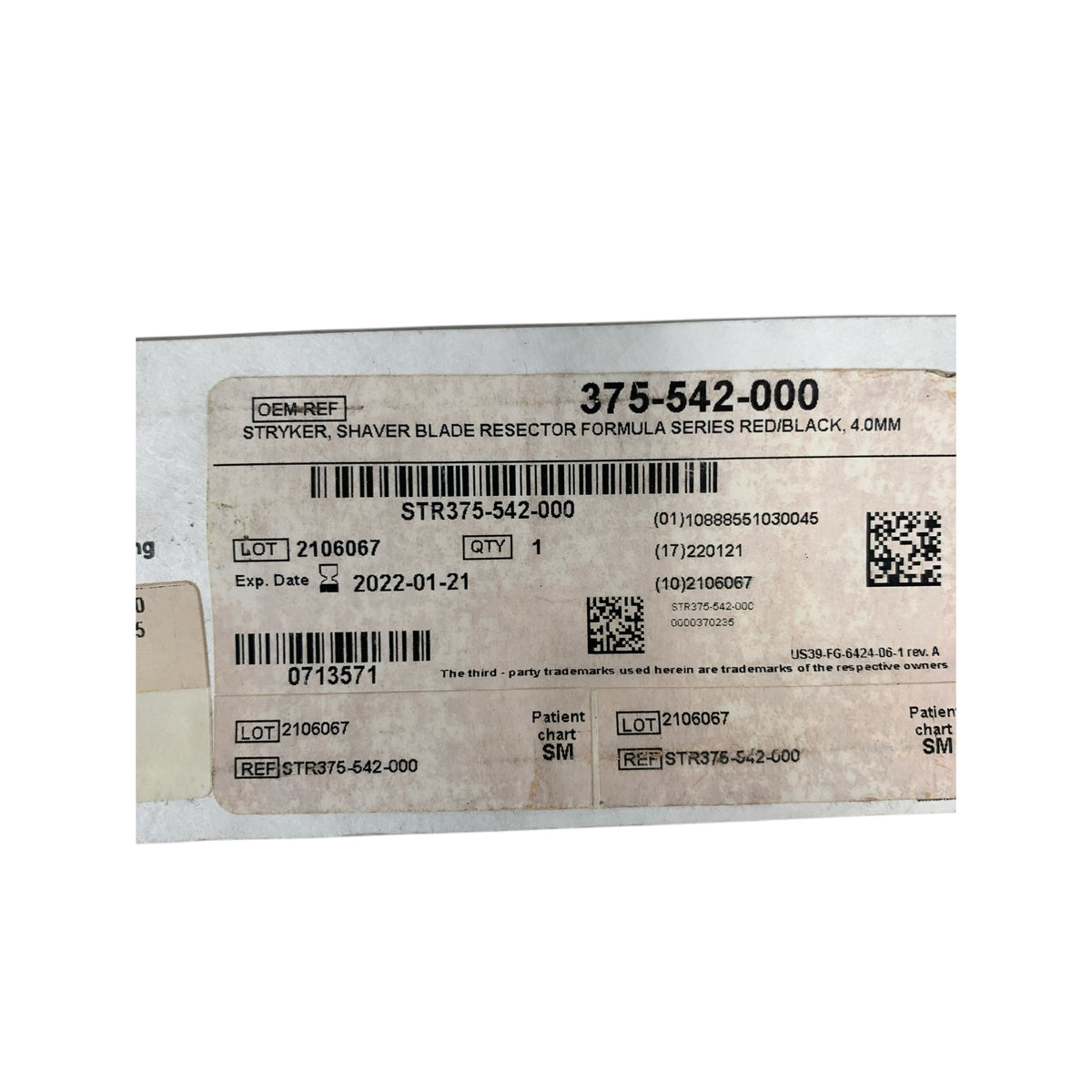 STRYKER 375-542-000 Shaver Blade Resector Formula Series Red Black 4.0mm Exp 2022 01