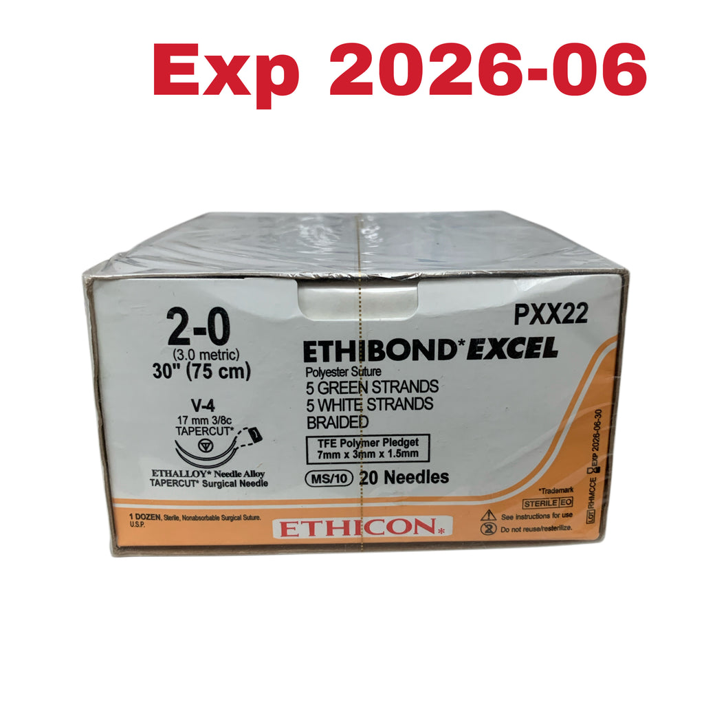 ETHICON REF PXX22 Ethibond Excel 2-0 Polyester Suture 30" 75cm V-4 Box of 12, Exp.2026/06