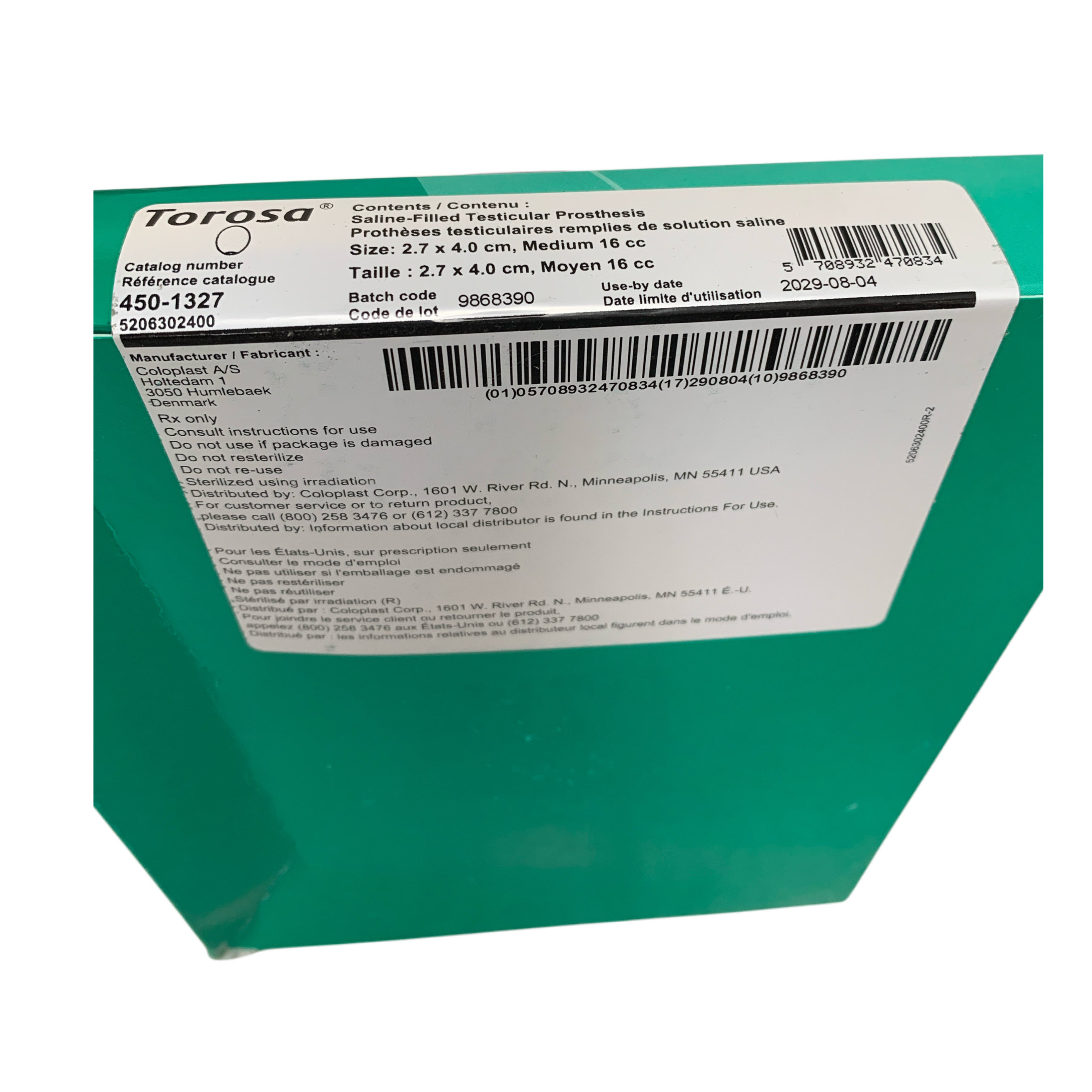 COLOPLAST 450-1327 Torosa Saline Filled Testicular Prosthesis 2.7 x 4.0 cm Medium 16 cc Exp 2029 08