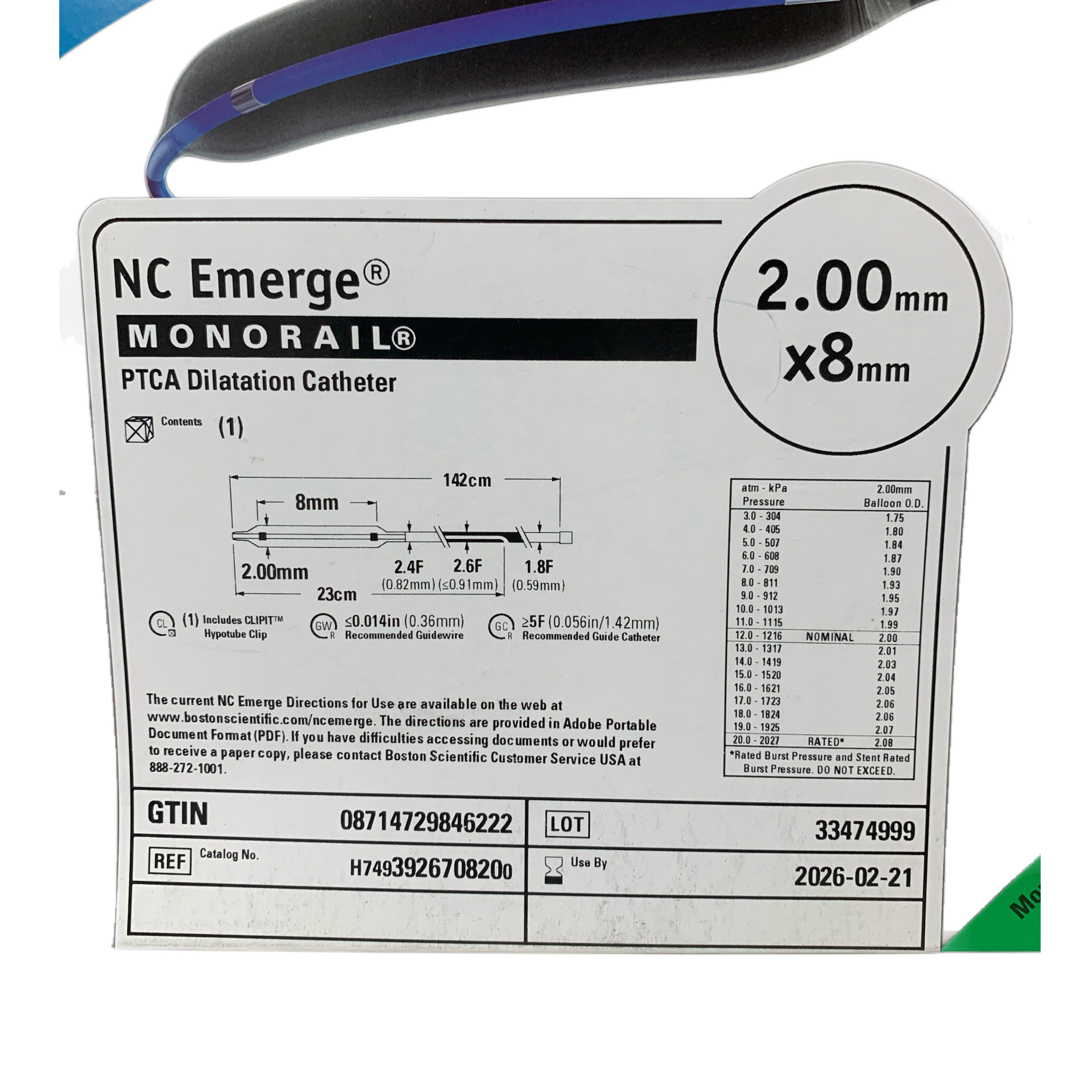 BOSTON SCIENTIFIC REF H7493926708200 NC Emerge MONORAIL PTCA Dilatation Catheter 2.00mm x 8mm Exp 2026 02