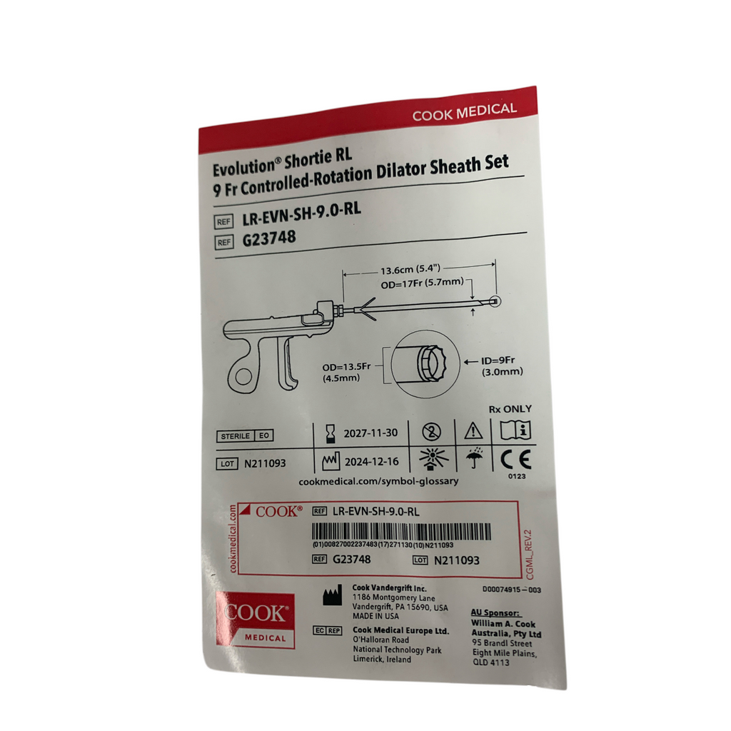 COOK MEDICAL G23748 Evolution® Shortie RL 9 Fr Controlled-Rotation Dilator Sheath Set EXP 2027-11