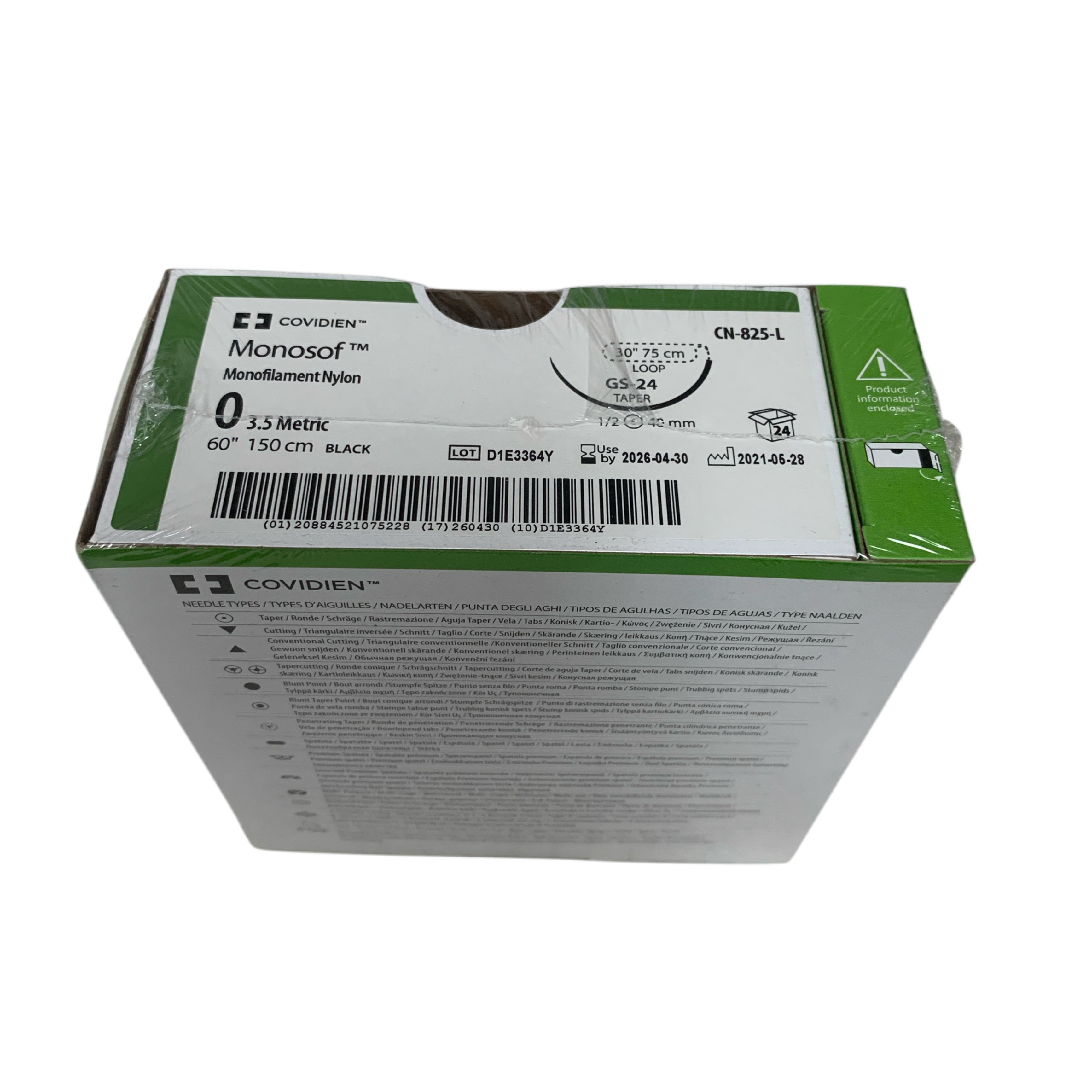 COVIDIEN REF CN-825-L Monosof Monofilament Nylon Suture 0 3.5 Metric 60" 150 cm Black GS-24 Taper 30" 75 cm Loop Box of 24 Exp 2026 04