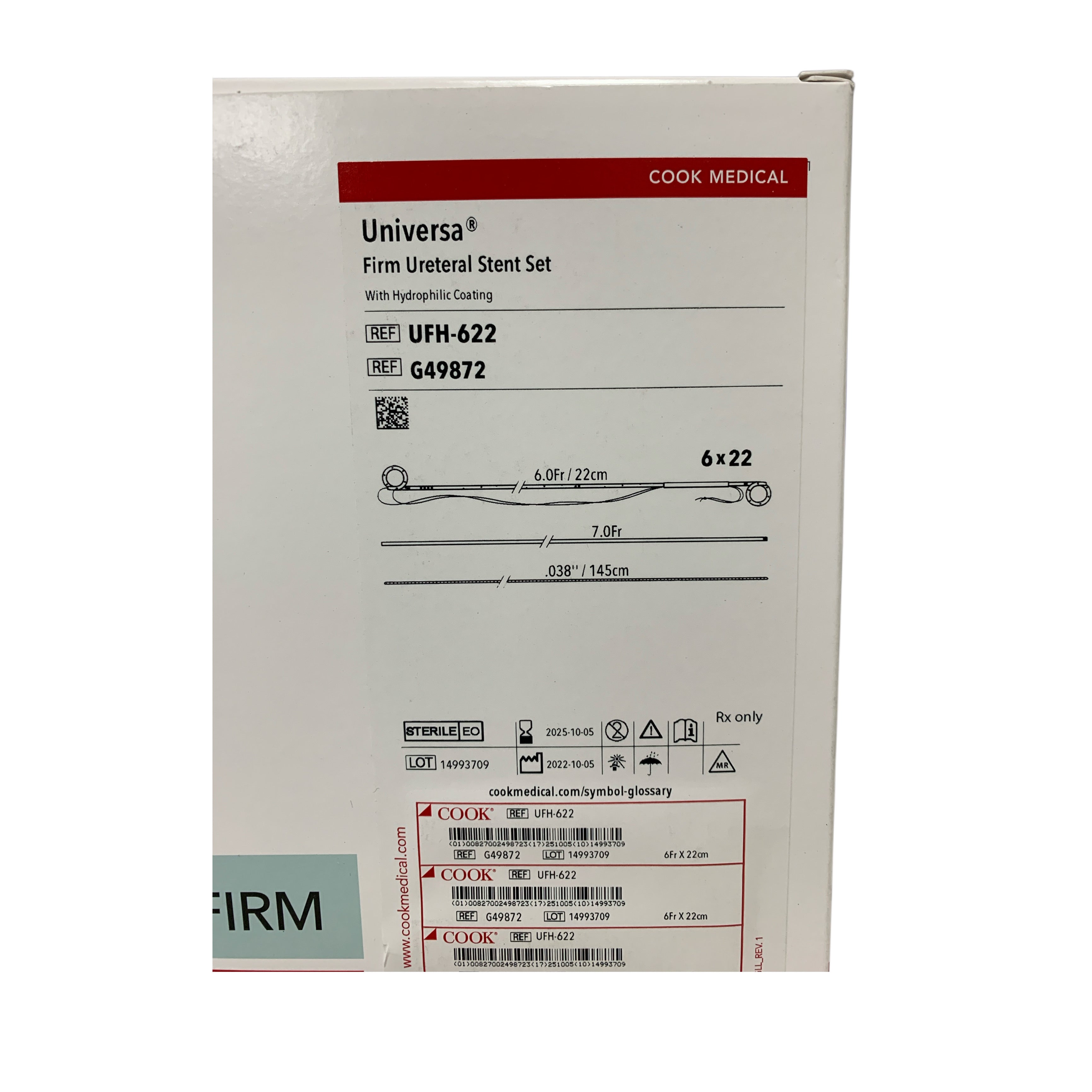 COOK MEDICAL UFH-622 / G49872 Universa Firm Ureteral Stent Set Hydrophilic Coating 6.0Fr / 22cm Exp 2025 10