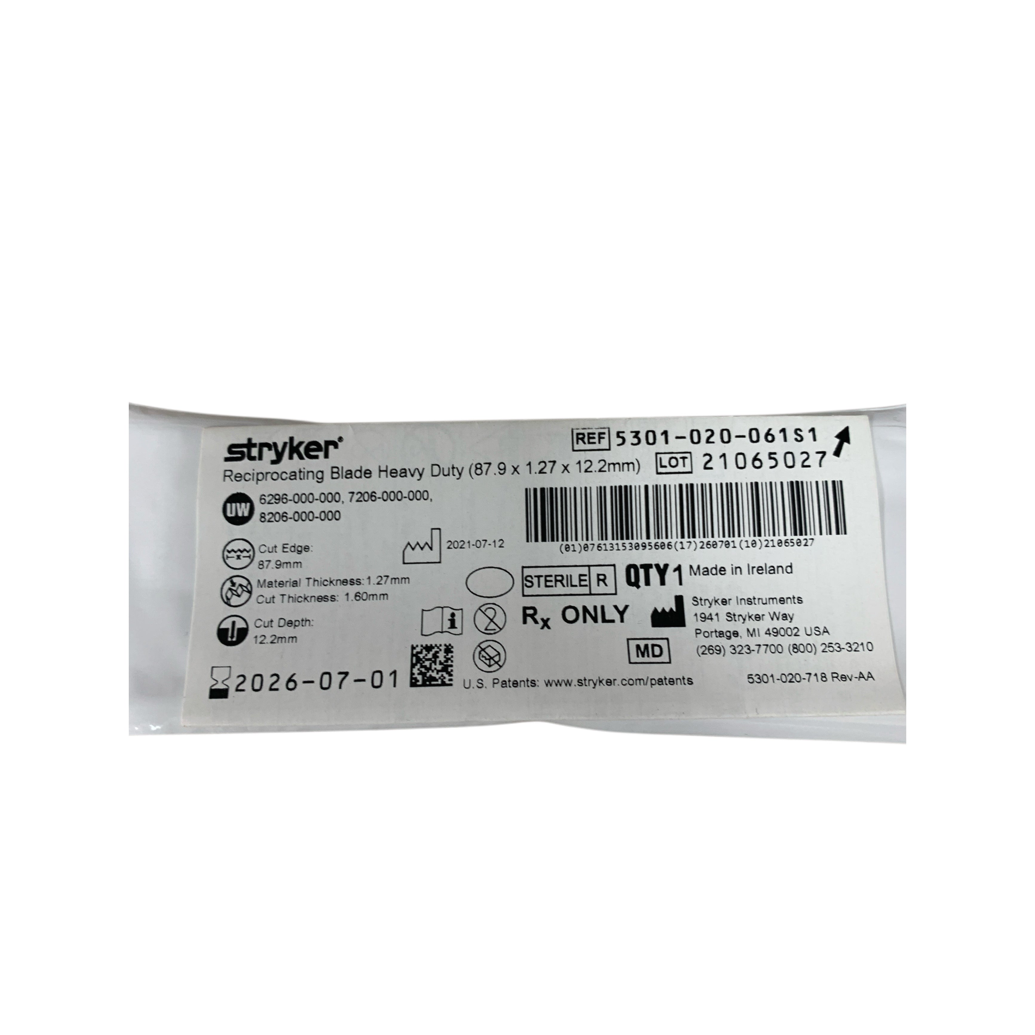 STRYKER 5301-020-061S1 Reciprocating Blade Heavy Duty 87.9 x 1.27 x 12.2 mm Exp 2026 07
