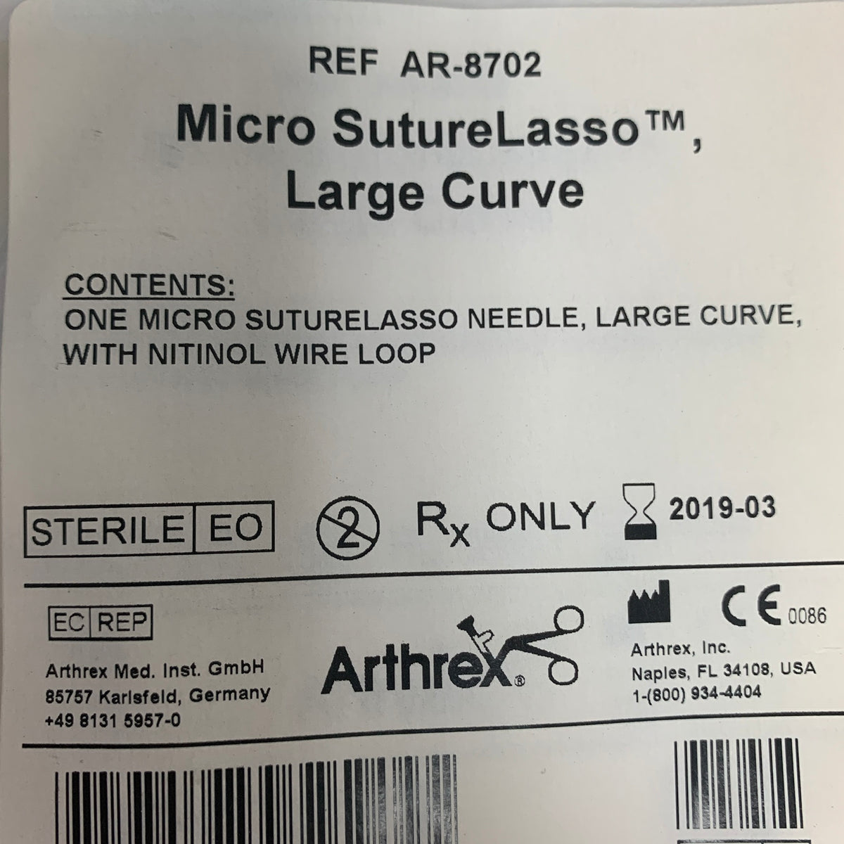 ARTHREX AR-8702 Micro SutureLasso Large Curve EXP 2019 03