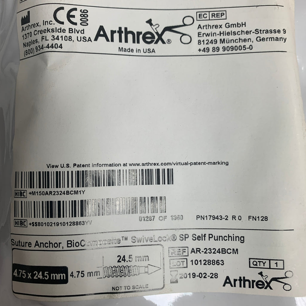 ARTHREX AR-2324BCM BioComposite SwiveLock SP Suture Anchor 4.75 x 24.5mm, EXP 2019-02