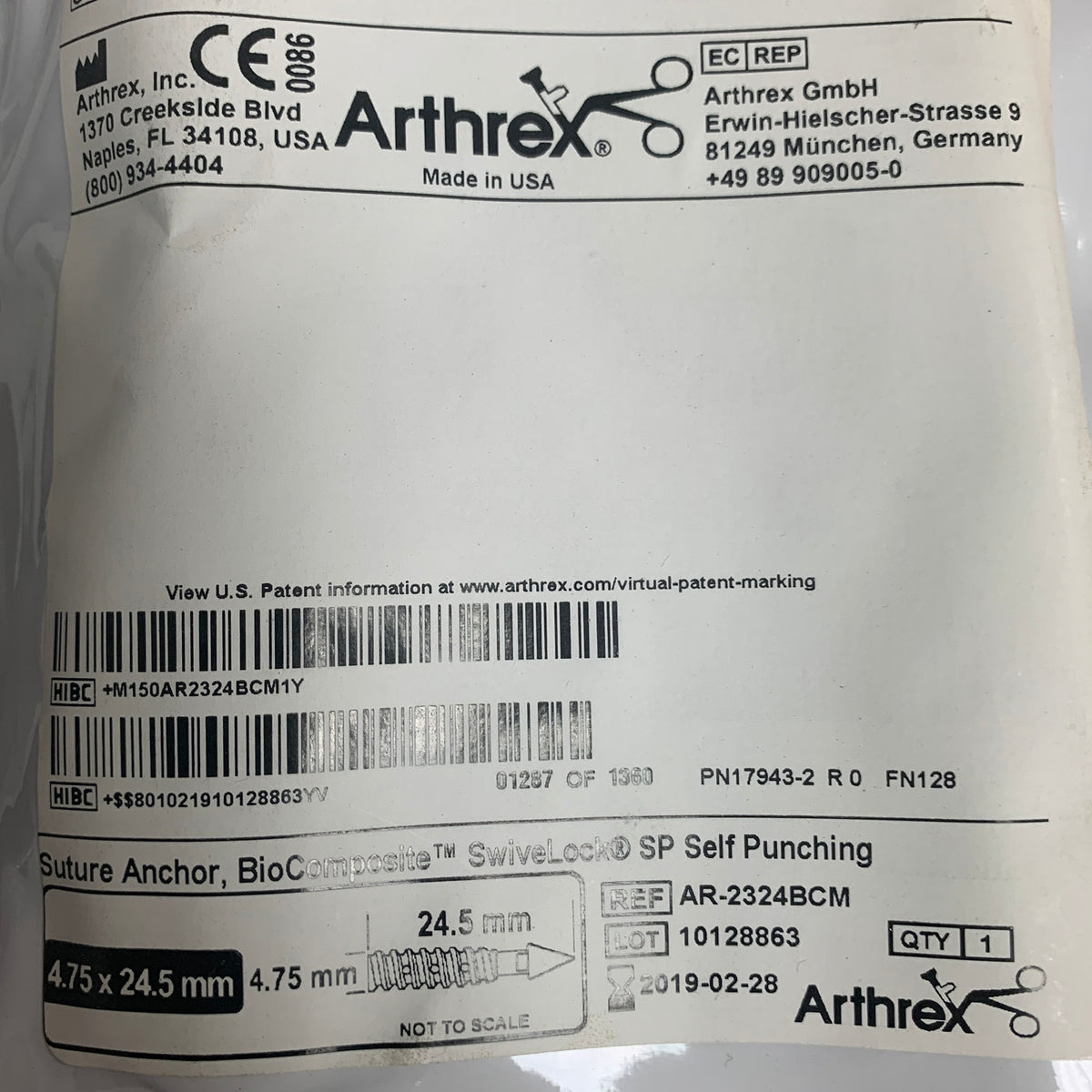 ARTHREX AR-2324BCM BioComposite SwiveLock SP Suture Anchor 4.75 x 24.5mm, EXP 2019-02