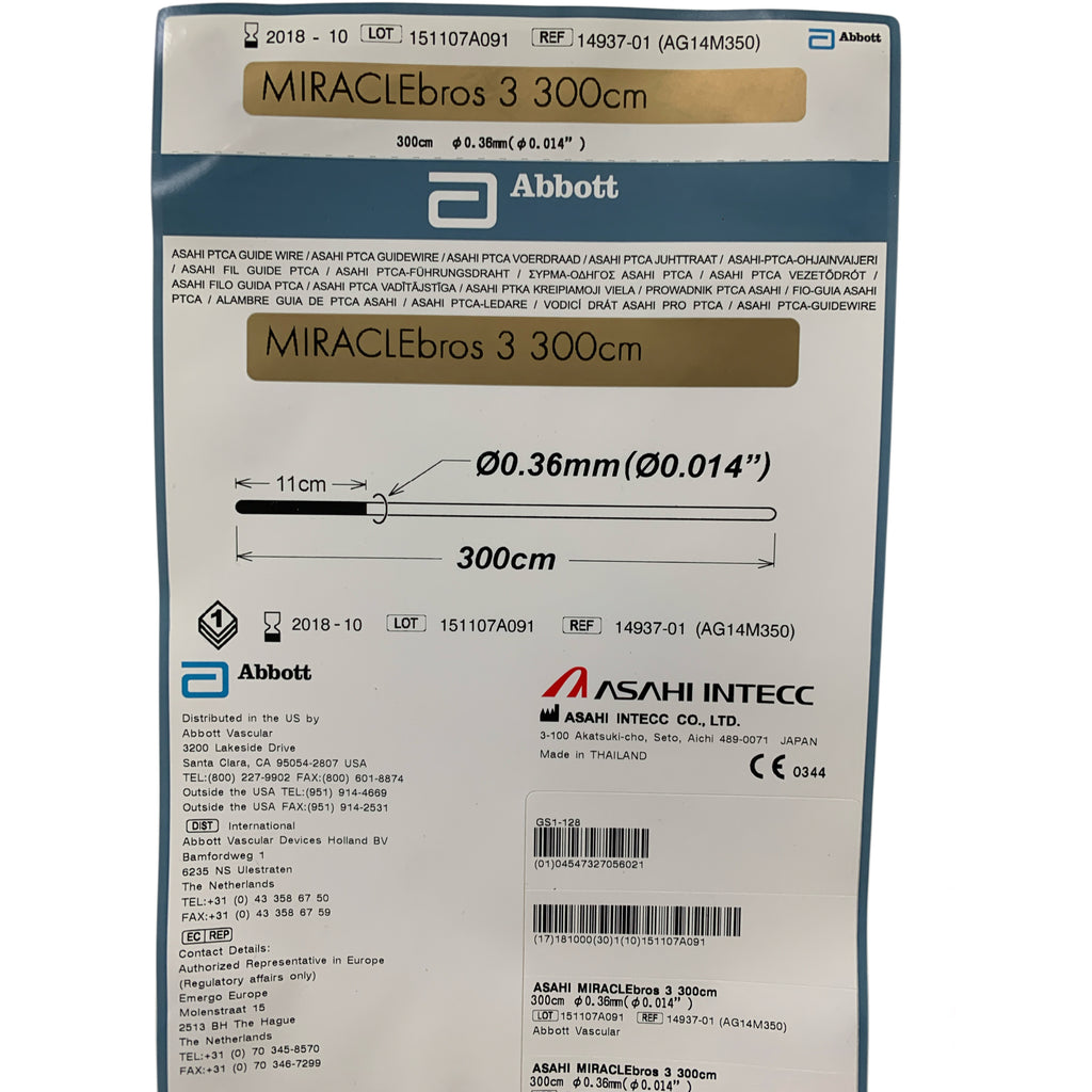 ABBOTT Asahi Intecc 14937-01 / AG14M350 MIRACLEbros 3 PTCA Guide Wire 0.014 in 300cm Exp 2018 10
