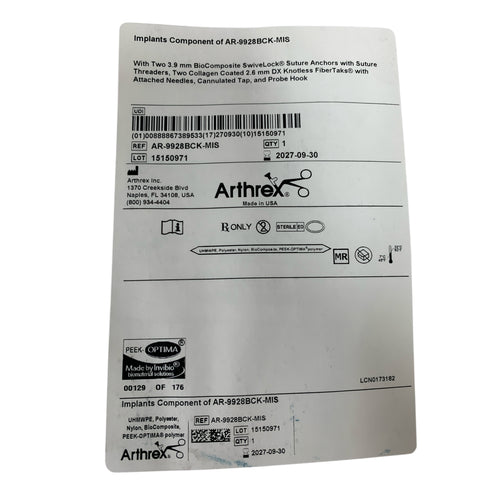 ARTHREX REF AR-9928BCK-MIS Implants Component BioComposite SwivelLock Suture Anchors DX Knotless FiberTaks Cannulated Tap Probe Hook, Exp.2027/09