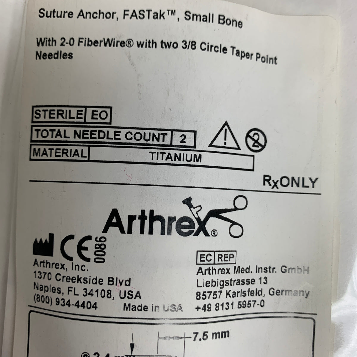ARTHREX AR-1322-752SF FASTak Small Bone Titanium Suture Anchor 2.4 x 7.5mm with 2-0 FiberWire, EXP 2020-05