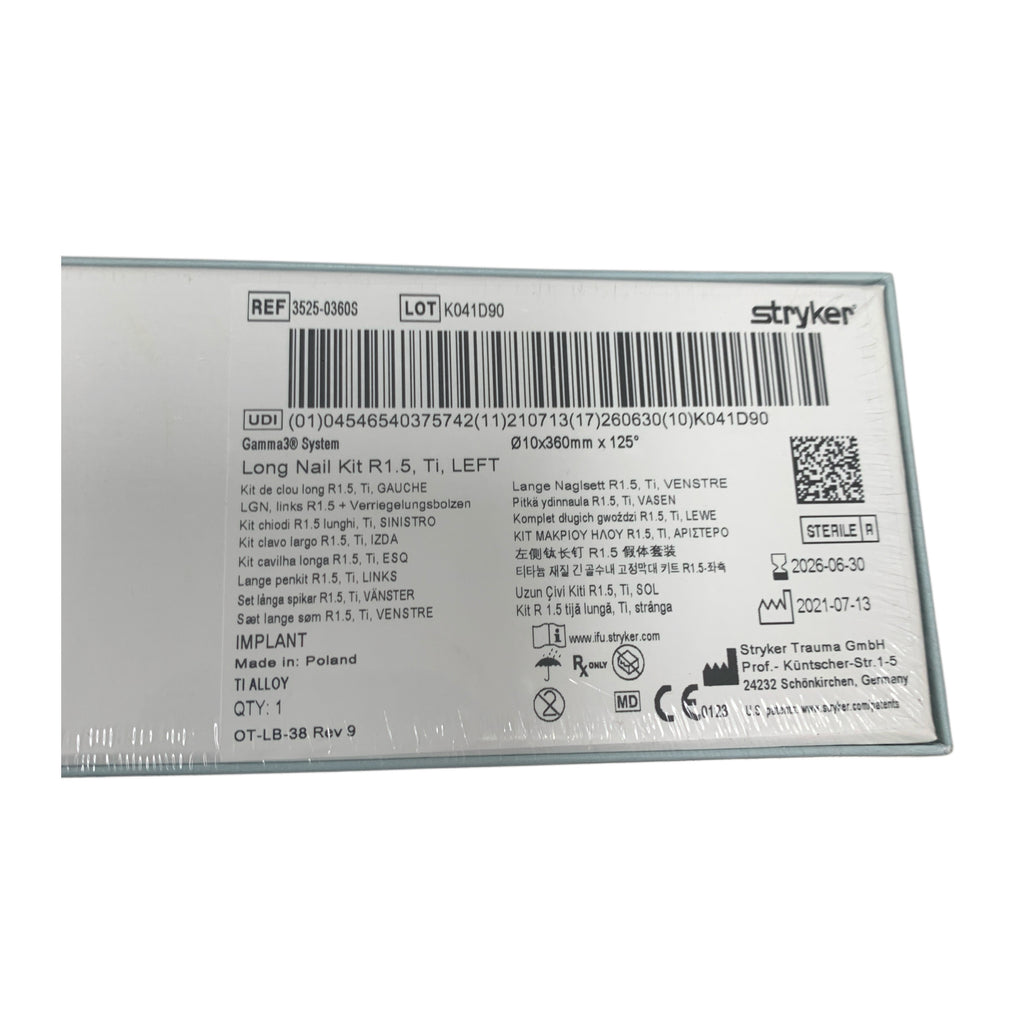 STRYKER 3525-0360S Gamma3 System Long Nail Kit R1.5 Ti LEFT 10x360mm x 125 Exp 2026 06