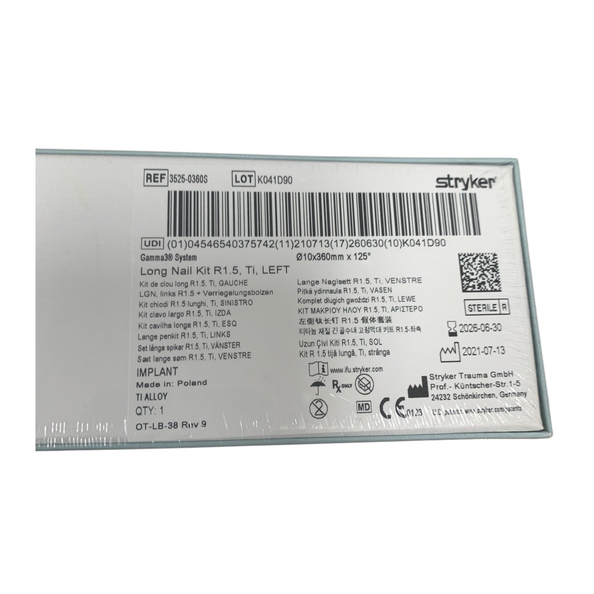 STRYKER 3525-0360S Gamma3 System Long Nail Kit R1.5 Ti LEFT 10x360mm x 125 Exp 2026 06