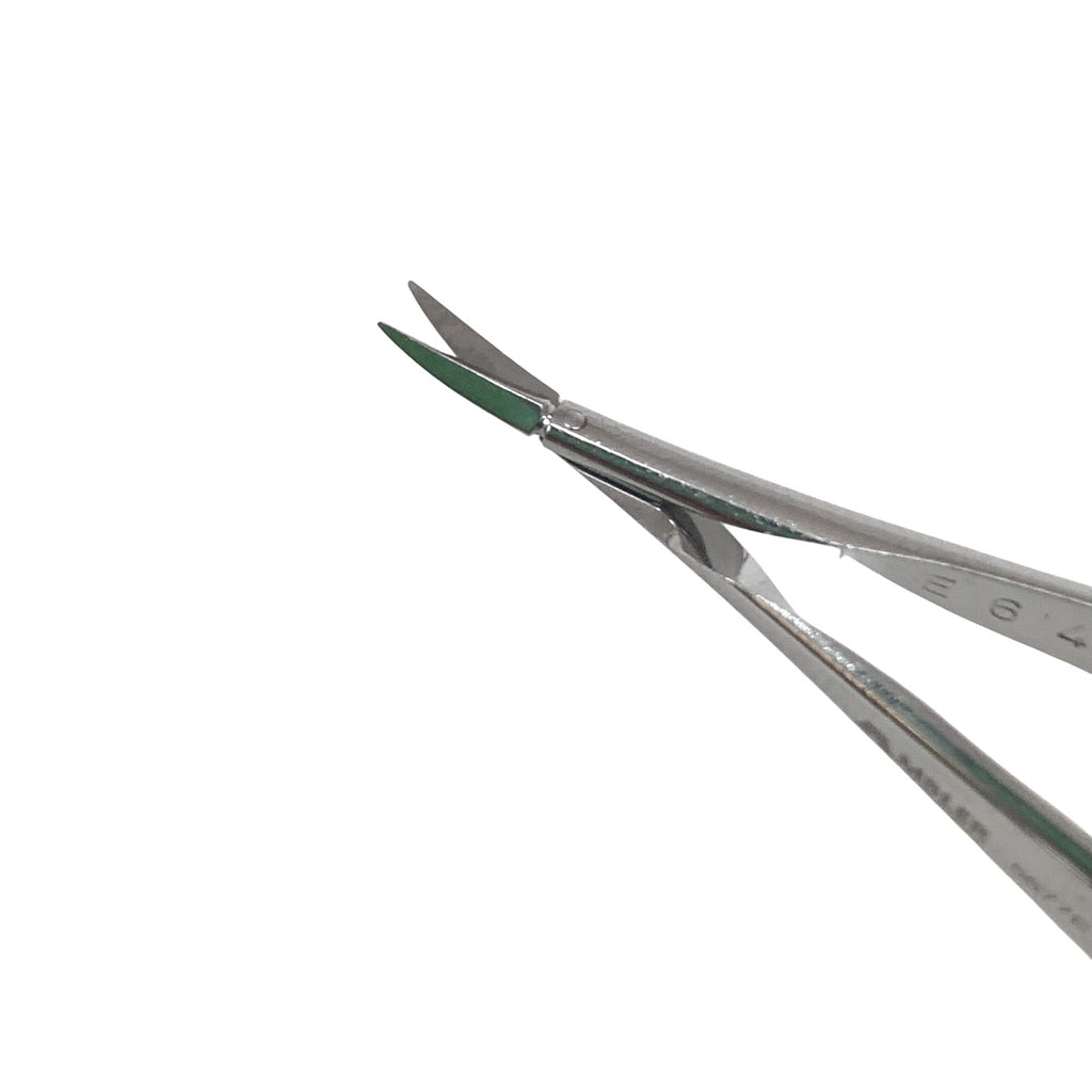 AMBLER REF 5677E Vannas capsulotomy scissors 3 3/8'',curved 6.0mm blades, sharp tips, flat handle