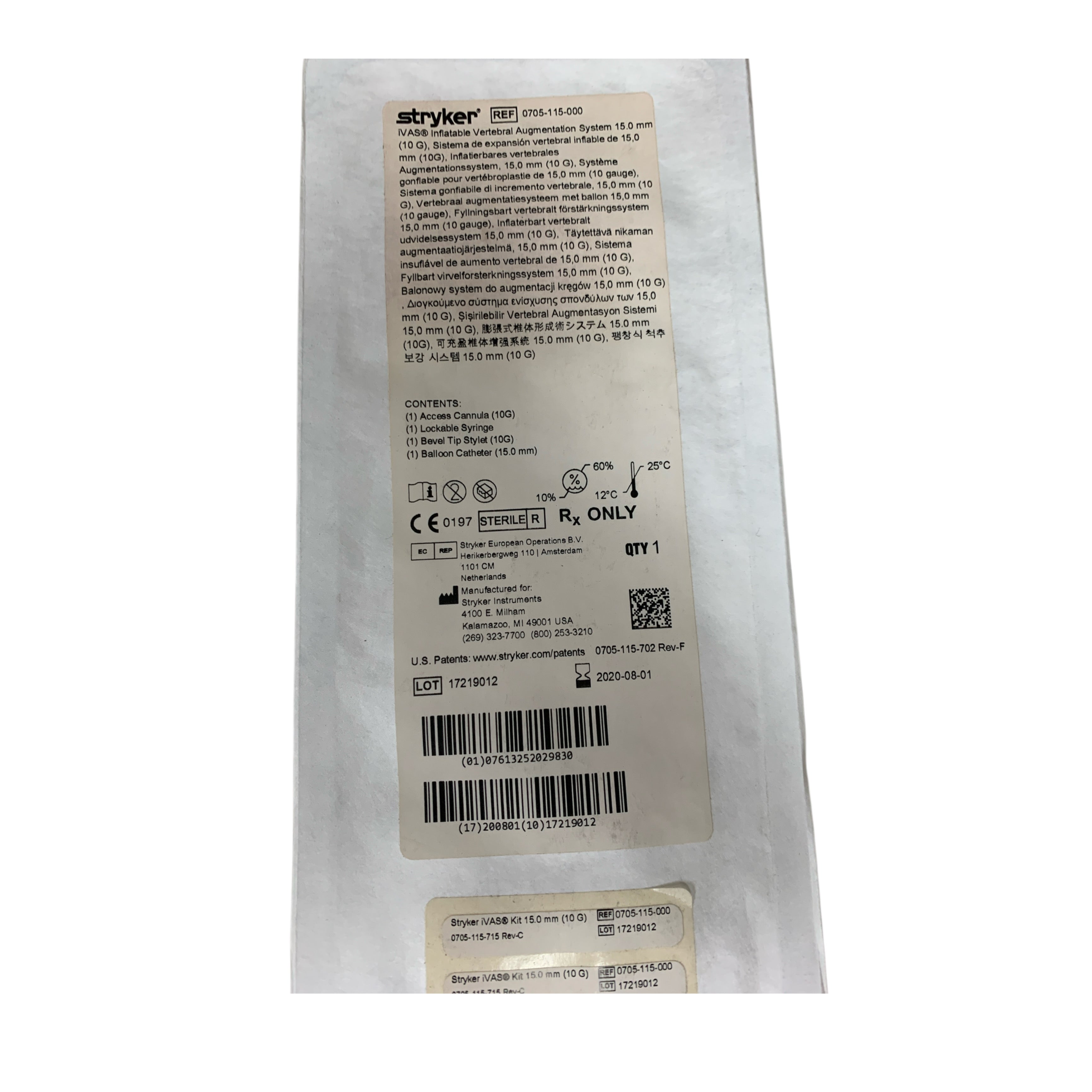 STRYKER REF 0705-115-000 iVAS Inflatable Vertebral Augmentation System 15.0mm 10G Kit Exp 2020 08