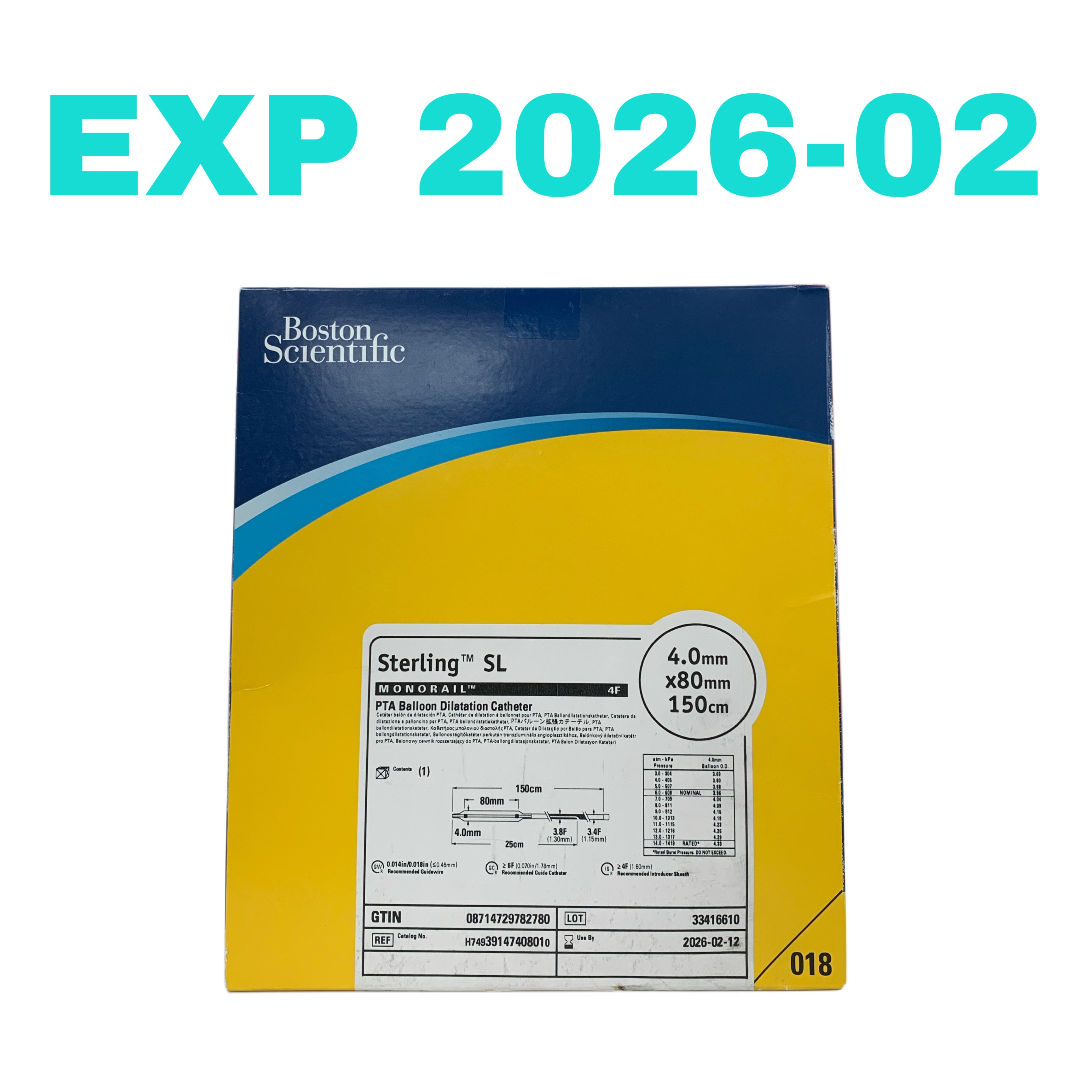 BOSTON SCIENTIFIC REF H74939147408010 Sterling SL Monorail PTA Balloon Dilatation Catheter 4.0mm x 80mm 150cm 4F, EXP.2026/02