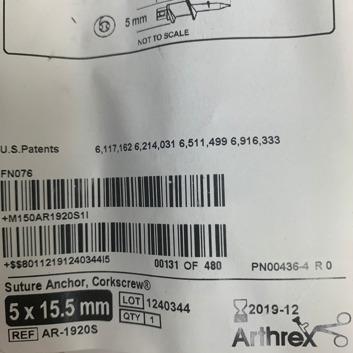 ARTHREX AR-1920S Titanium Corkscrew Suture Anchor 5x15.5mm, EXP 2019-12