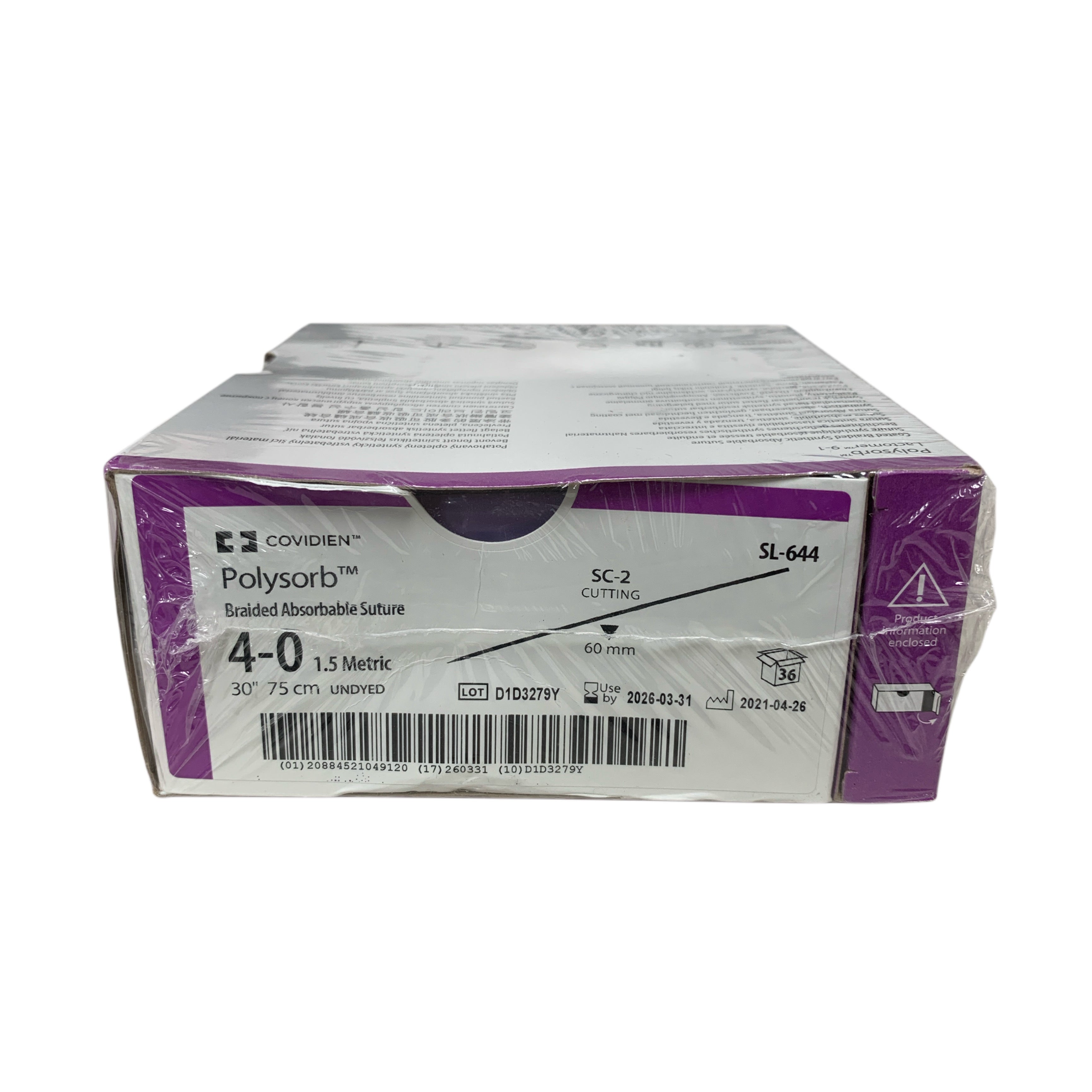 COVIDIEN REF SL-644 Polysorb Braided Absorbable Suture 4-0 SC-2 Cutting 30 Inches 75 cm Undyed Box of 36 Exp 2026 03