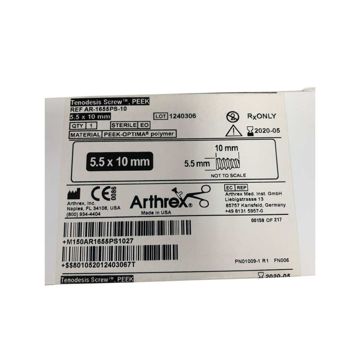 ARTHREX AR-1655PS-10 Tenodesis Screw PEEK 5.5 x 10 mm Exp 2020 05