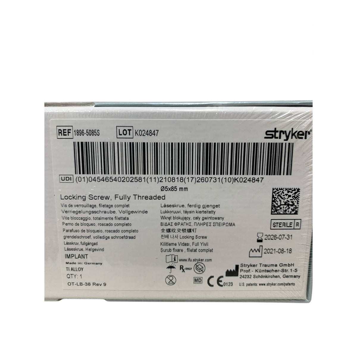 STRYKER 1896-5085S Locking Screw Fully Threaded 5x85 mm Exp 2026 07