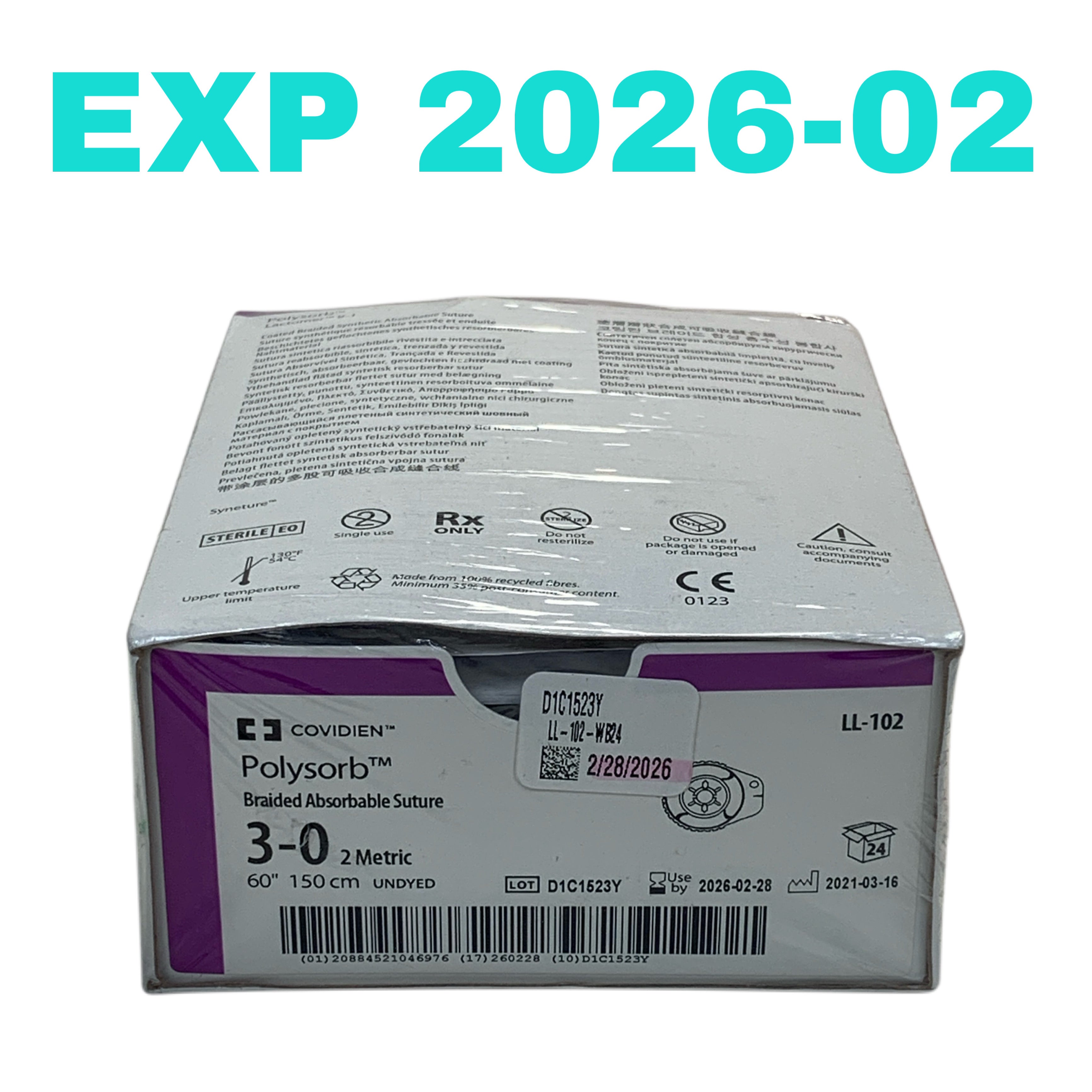 COVIDIEN REF LL-102 Polysorb Braided Absorbable Suture 3-0 Undyed 60" Box of 24, Exp.2026/02