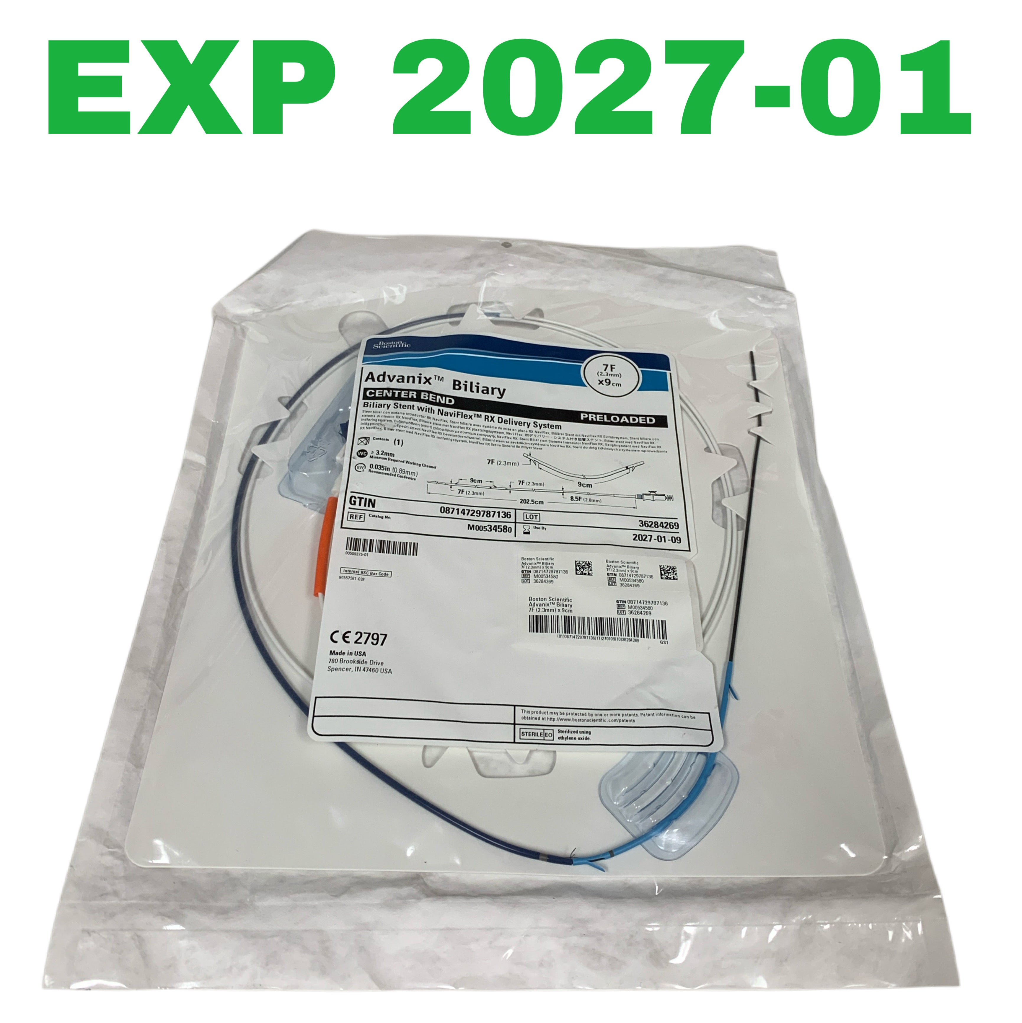 BOSTON SCIENTIFIC REF M00534580 Advanix Biliary Stent with NaviFlex RX Delivery System Center Bend Preloaded 7F 2.3mm x 9cm Exp.2027/01