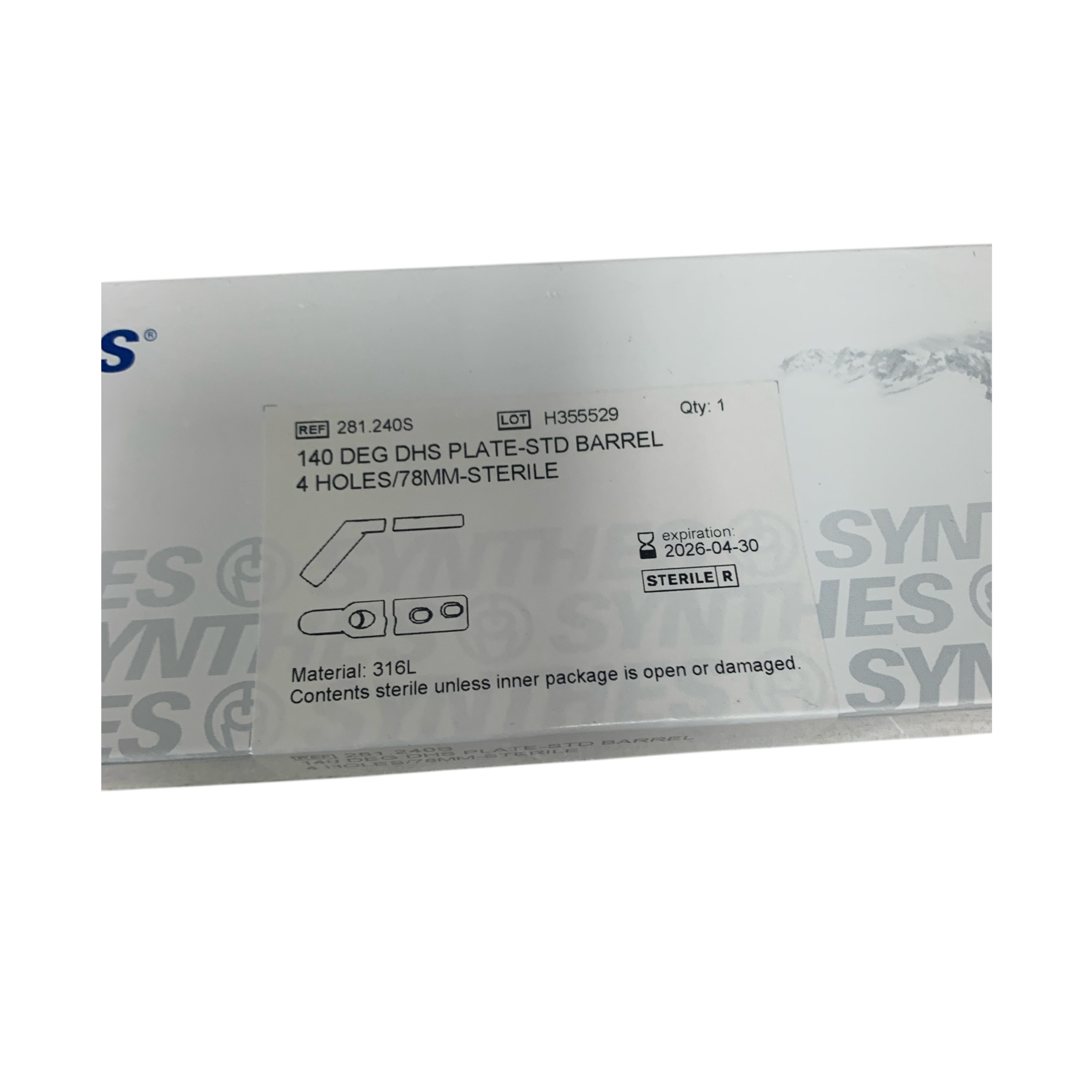 SYNTHES REF 281.240S 140 DEG DHS PLATE STD BARREL 4 HOLES 78MM STERILE Exp 2026 04