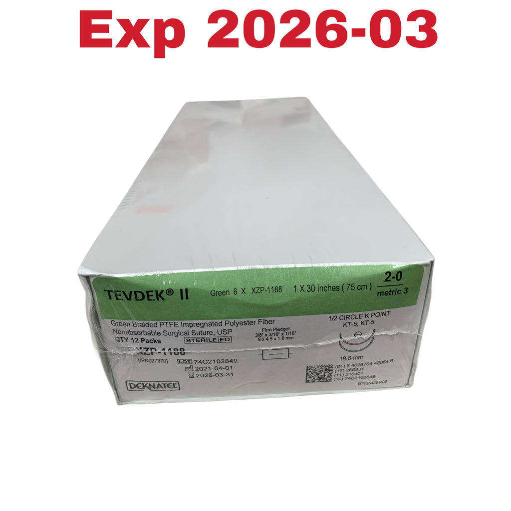 TELEFLEX XZP-1188 (IPN027370) Deknatel TEVDEK II Green Braided PTFE Impregnated Polyester Fiber Surgical Suture USP 75 cm Box of 12 Exp 2026 03