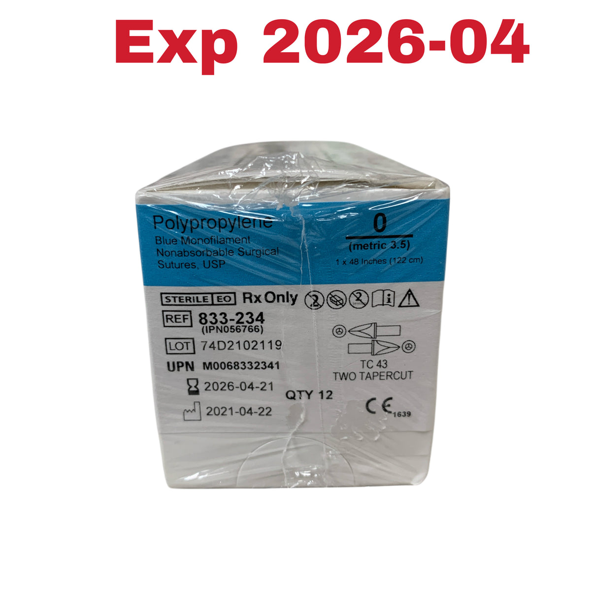 TELEFLEX 833-234 / IPN056766 Polypropylene Blue Monofilament Nonabsorbable Surgical Sutures USP 0 Box of 12 Exp 2026 04
