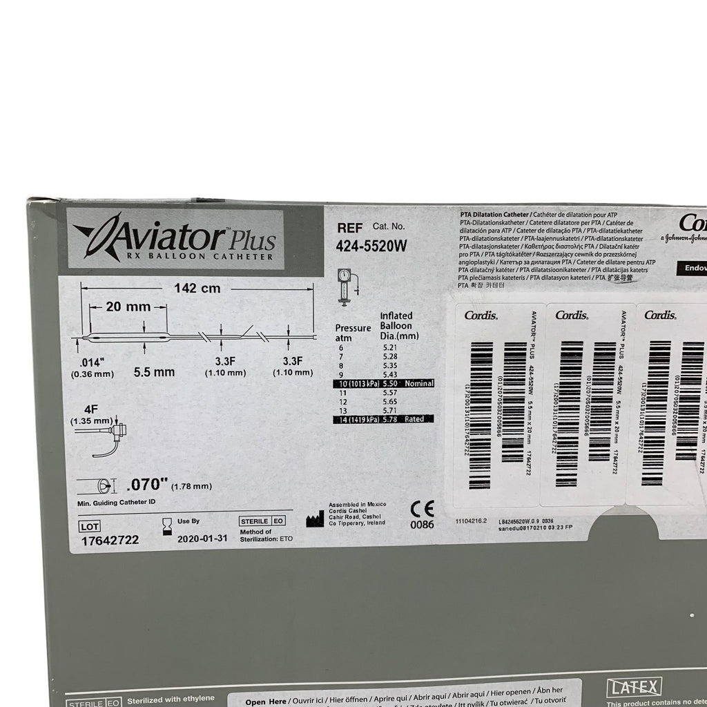 CORDIS 424-5520W Aviator Plus RX Balloon Catheter PTA Dilatation 5.5 x 20 mm 142 cm Exp 2020 01