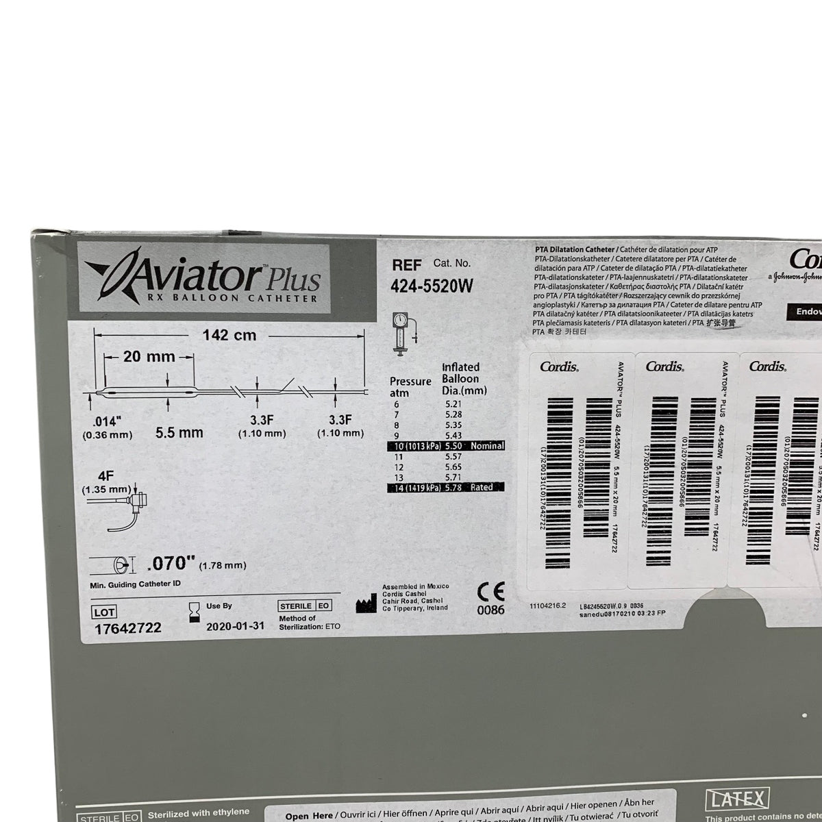 CORDIS 424-5520W Aviator Plus RX Balloon Catheter PTA Dilatation 5.5 x 20 mm 142 cm Exp 2020 01