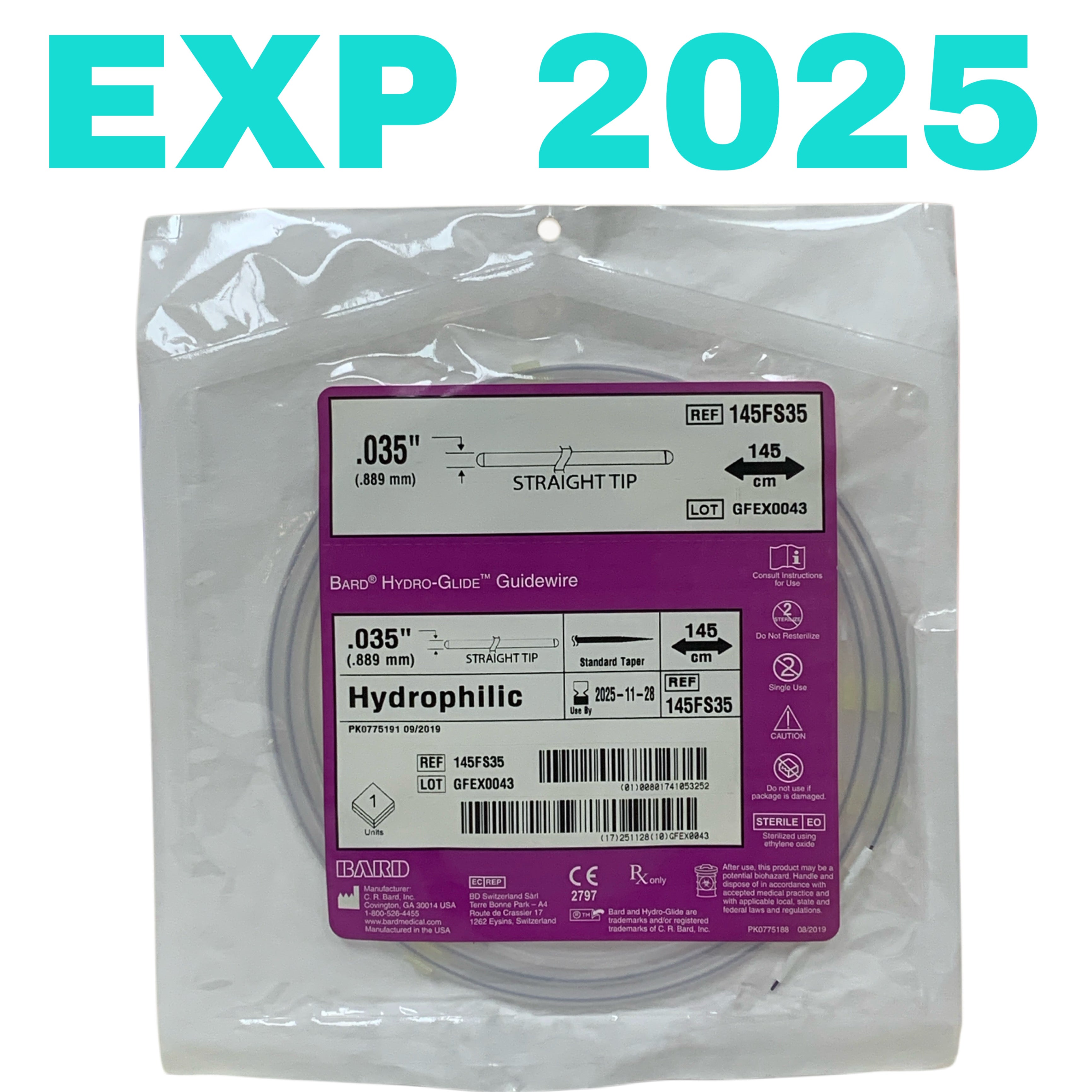 BARD REF 145FS35 Hydro-Glide Hydrophilic Guidewire .035" 145cm Straight Tip, EXP.2025/11