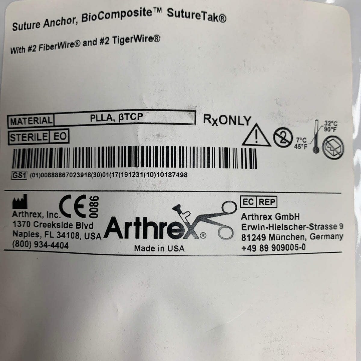 ARTHREX AR-1934BCF-24-2 BioComposite SutureTak Suture Anchor 2.4 x 12mm, EXP 2019-12