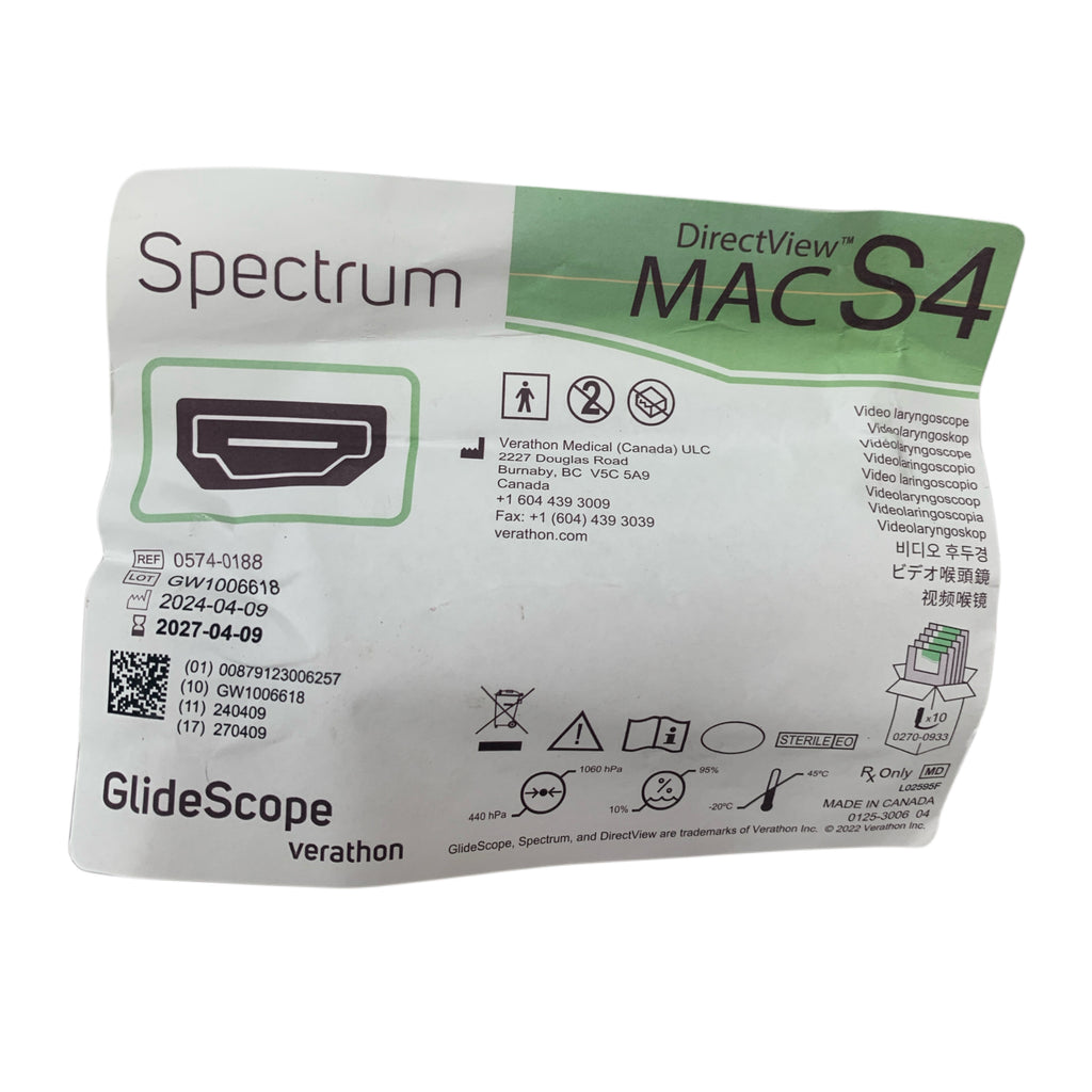 VERATHON MEDICAL REF 0574-0188 GlideScope Spectrum DirectView MAC S4 Video Laryngoscope, Exp.2027/04