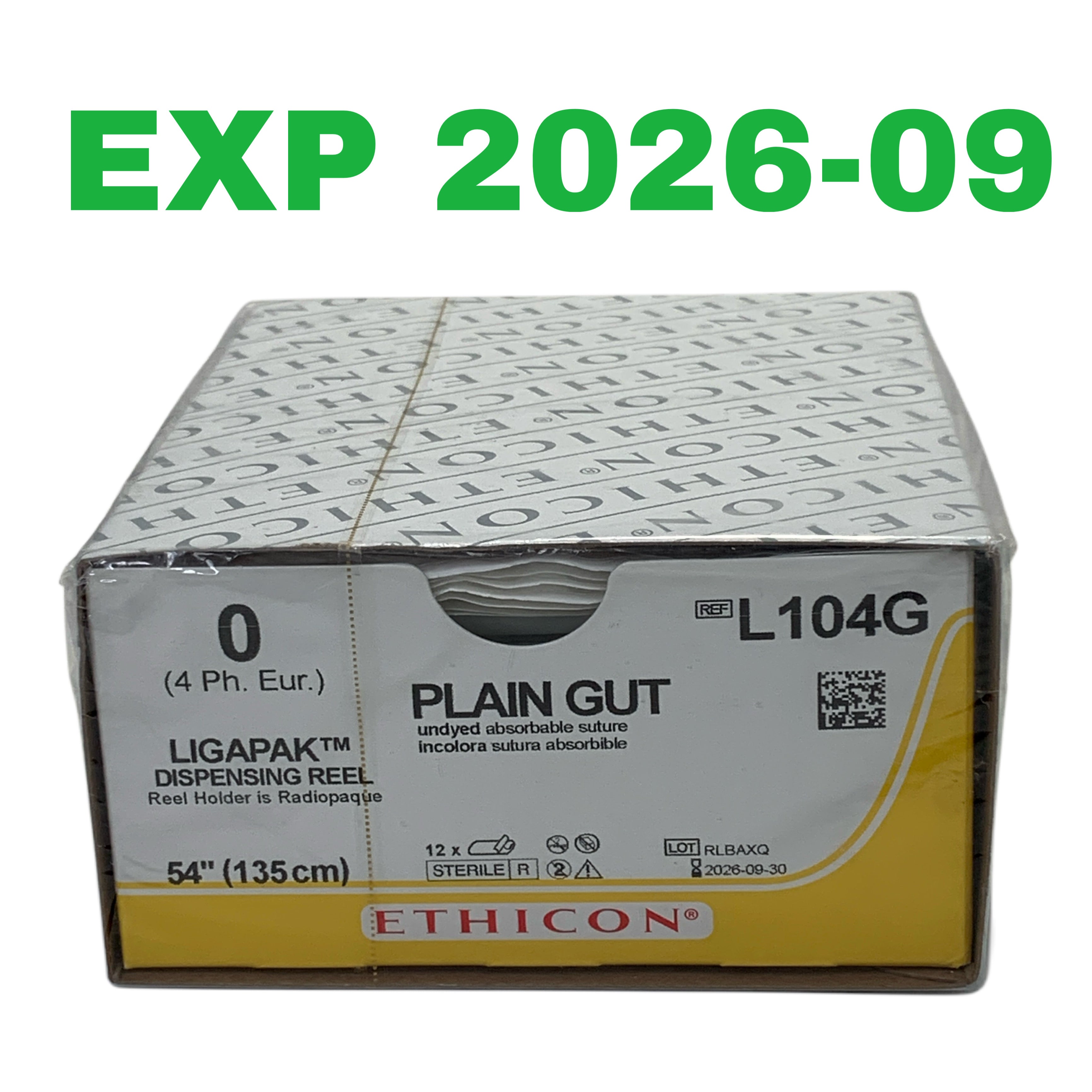 ETHICON REF L104G Ligapak Plain Gut Dispensing Reel Suture 0, 54" Box of 12, Exp.2026/09