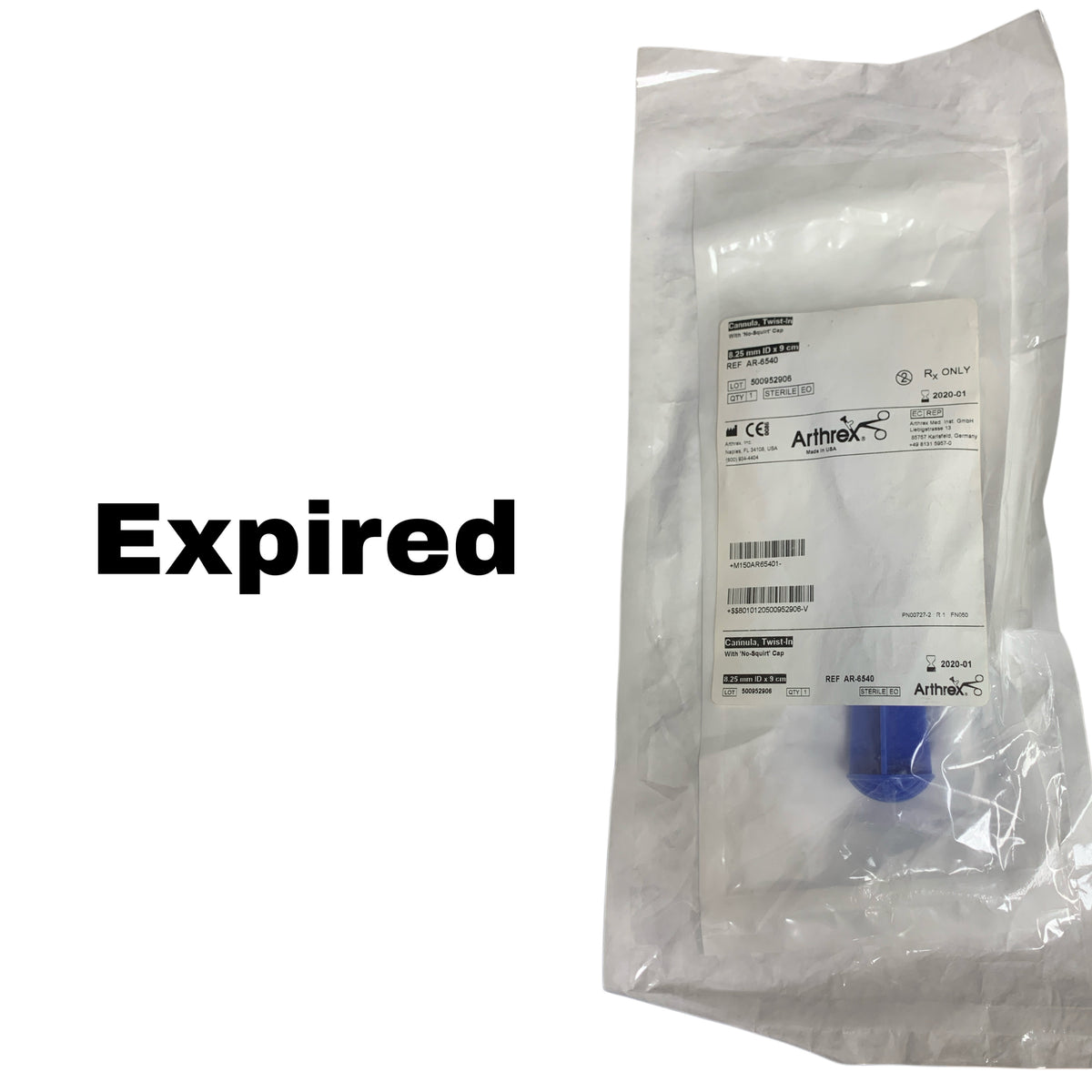 ARTHREX AR-6540 Twist-In Cannula with No-Squirt Cap 8.25mm ID x 9cm, EXP 2018-07