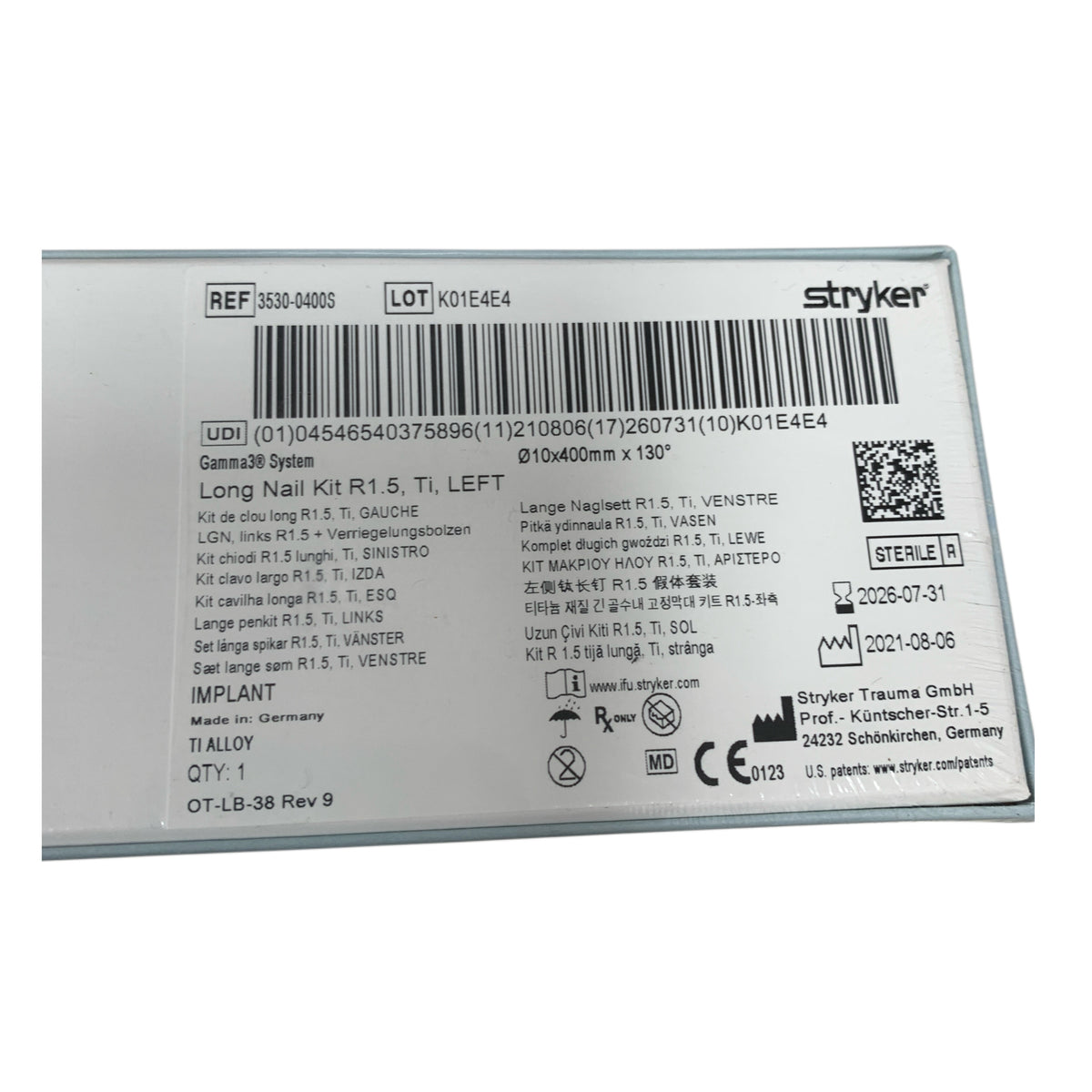 STRYKER 3530-0400S Gamma3 System Long Nail Kit R1.5 Ti Left 10x400mm x 130° Exp 2026 07