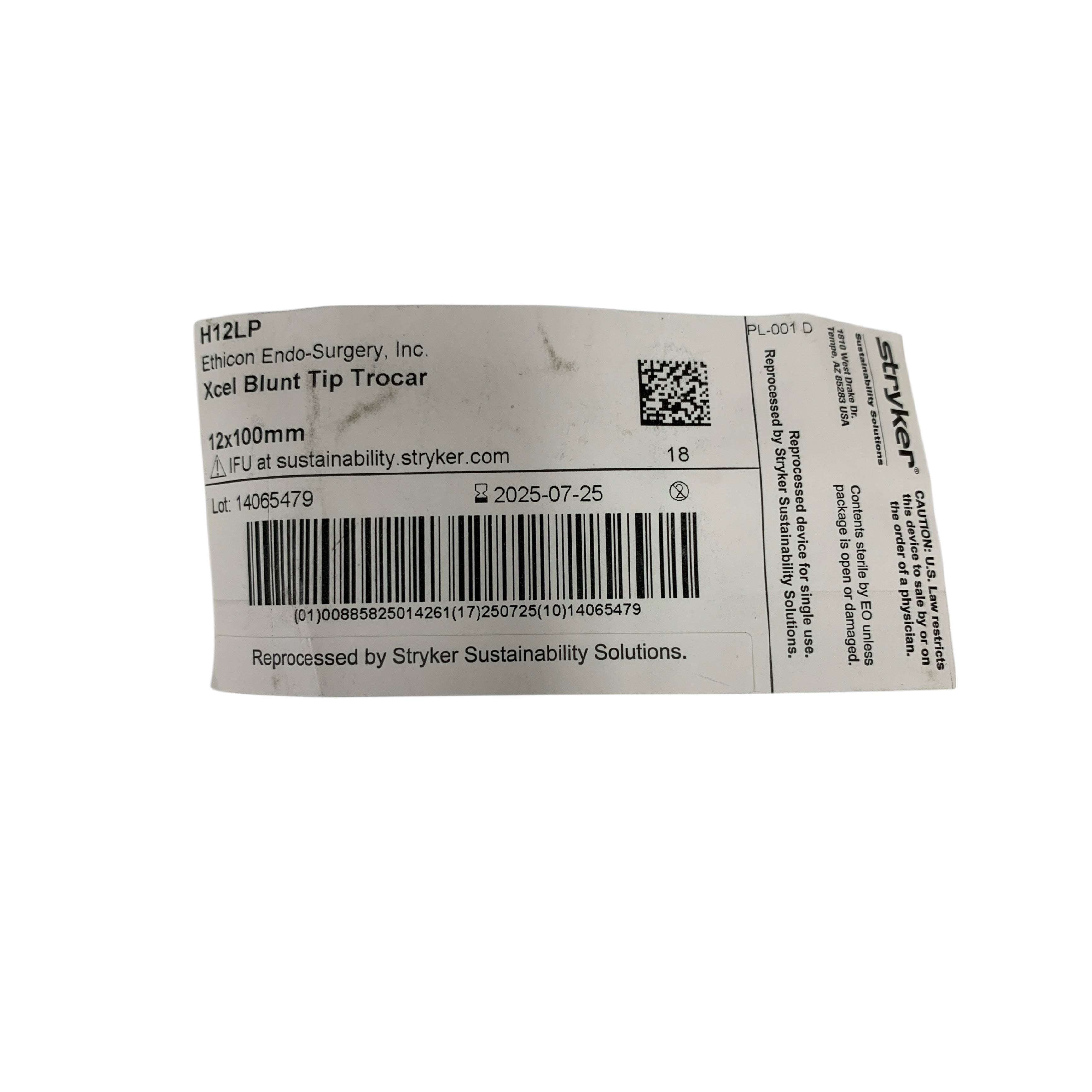 STRYKER REF H12LP Reprocessed Ethicon Endopath Xcel Blunt Tip Trocar 12x100mm Exp.2025/07