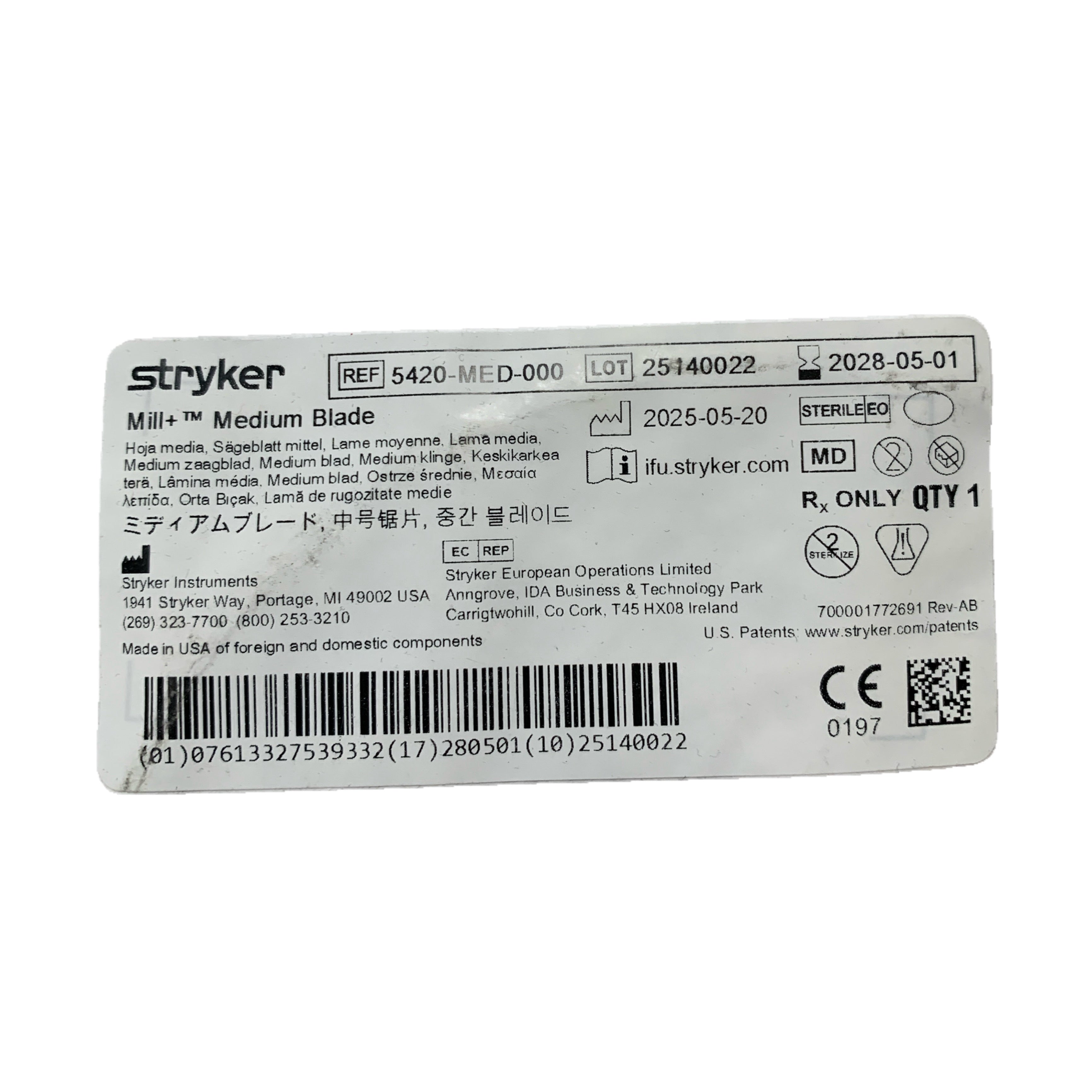 STRYKER 5420-MED-000 Mill+ Medium Blade Exp 2028 05