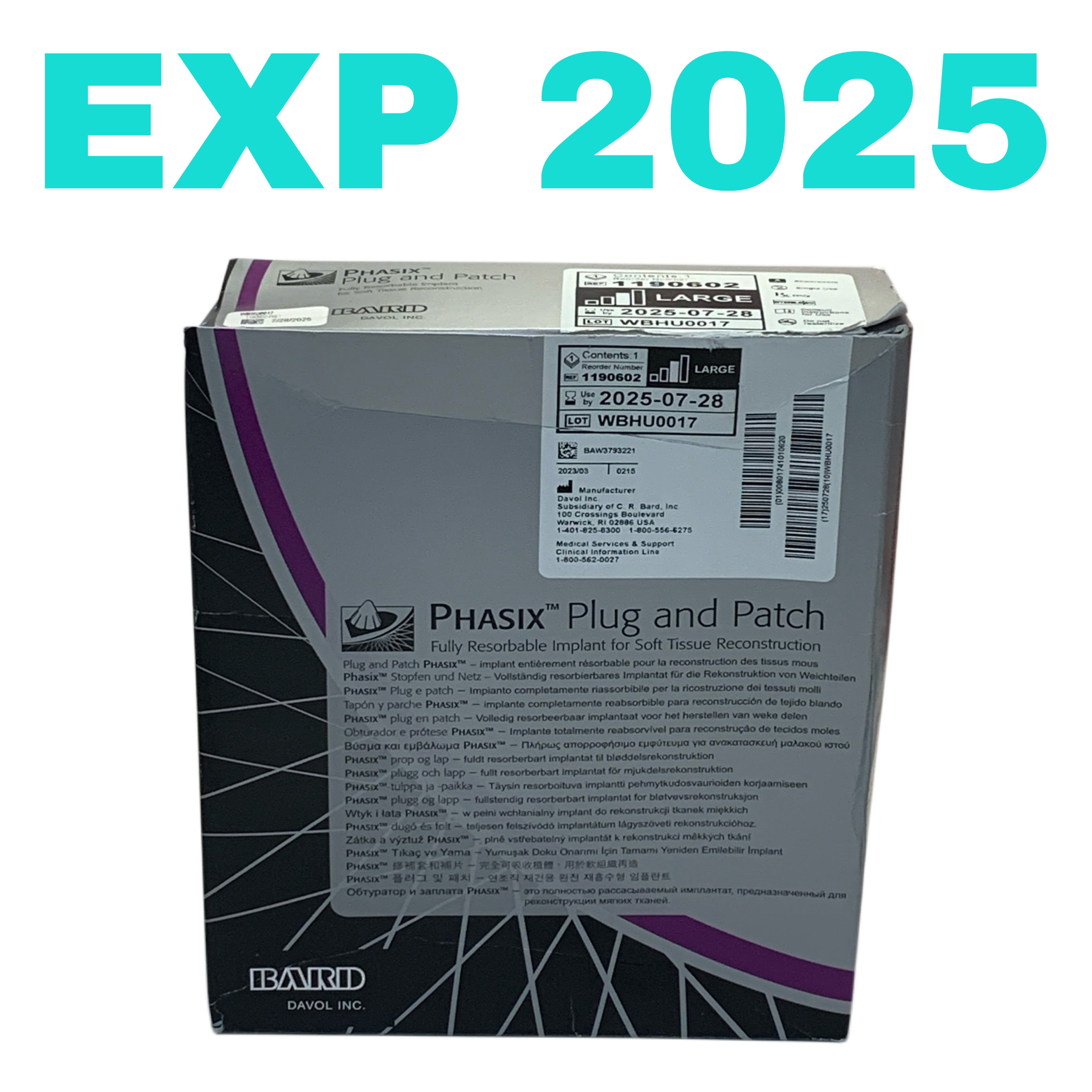 BARD REF 1190602 PHASIX Plug and Patch Large Fully Resorbable Implant, Exp.2025/07